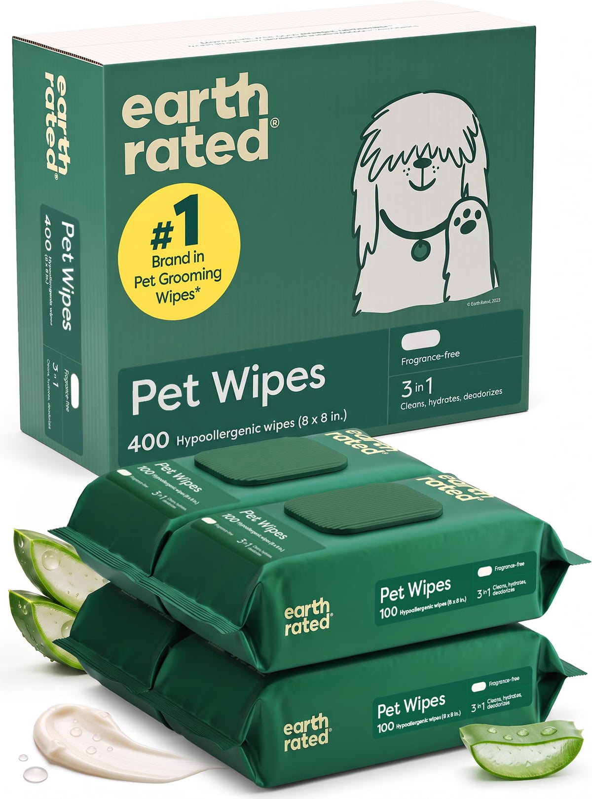 Earth Rated Dog Wipes for Paws & Butt, Deodorizing, Unscented, 400ct