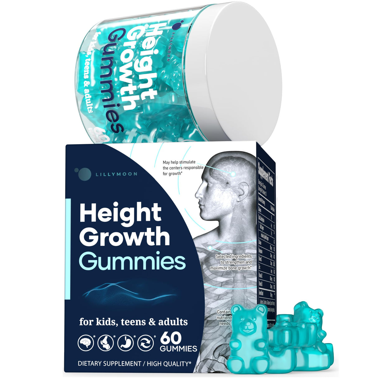 Height Growth Gummies Multivitamins, Natural Height Increase Supplement with Calcium, Zinc, K2 D3, Magnesium, Bone Strength Density Support, Grow Taller Gummies for Adults, Kids, Bone Support Complex