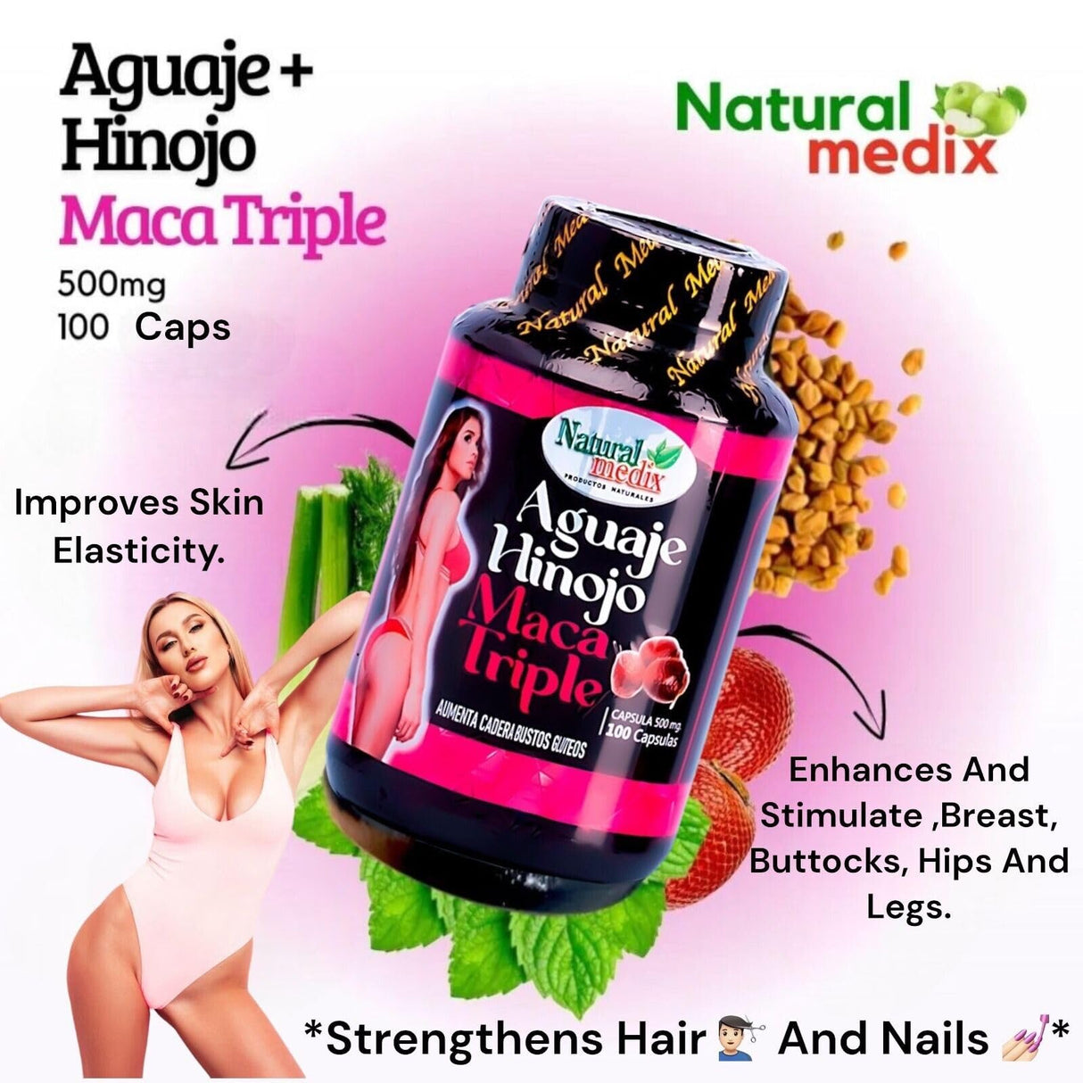 Natural medix Aguaje Hinojo Maca Triple (Maca Root Supplement) Premium 100 Capsules - Peruvian Butt and Breast Enhancement Capsules - Female Health Supplement - Curves Powerful Antioxidant