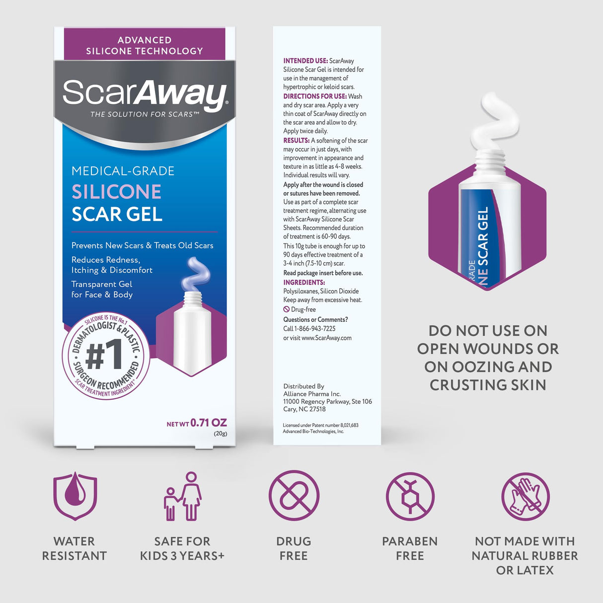 ScarAway Silicone Scar Gel, Helps Improve Size, Color & Texture of Hypertrophic & Keloid Scars from Injury, Burns & Surgery, Water Resistant, 20g (0.7 Oz)