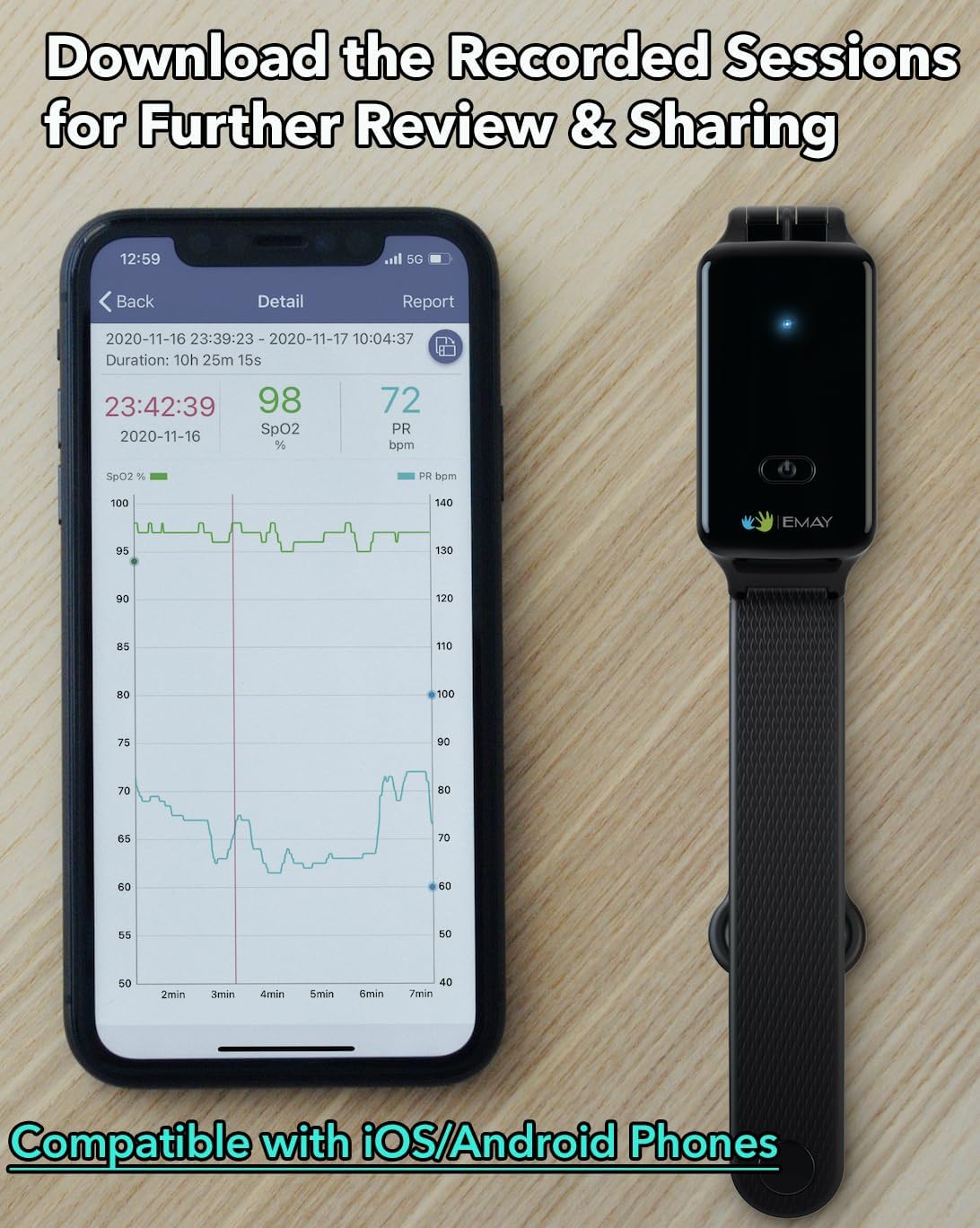 SleepO2 Wrist Recording Pulse Oximeter by EMAY | Continuous Pulse Oximeter to Record Blood Oxygen Saturation and Pulse Rate Overnight | Export Sleep Report & Raw Data