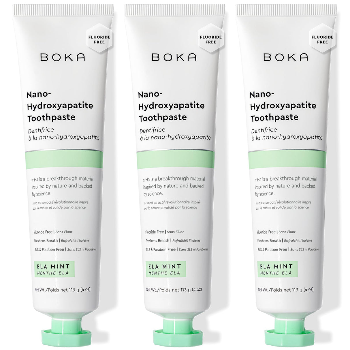 Boka Fluoride Free Toothpaste, Nano Hydroxyapatite Toothpaste, Appropriate for Sensitive Teeth - for Adult, Kids Oral Care - Ela Mint Flavor, 4 Fl Oz 3Pk US Manufactured