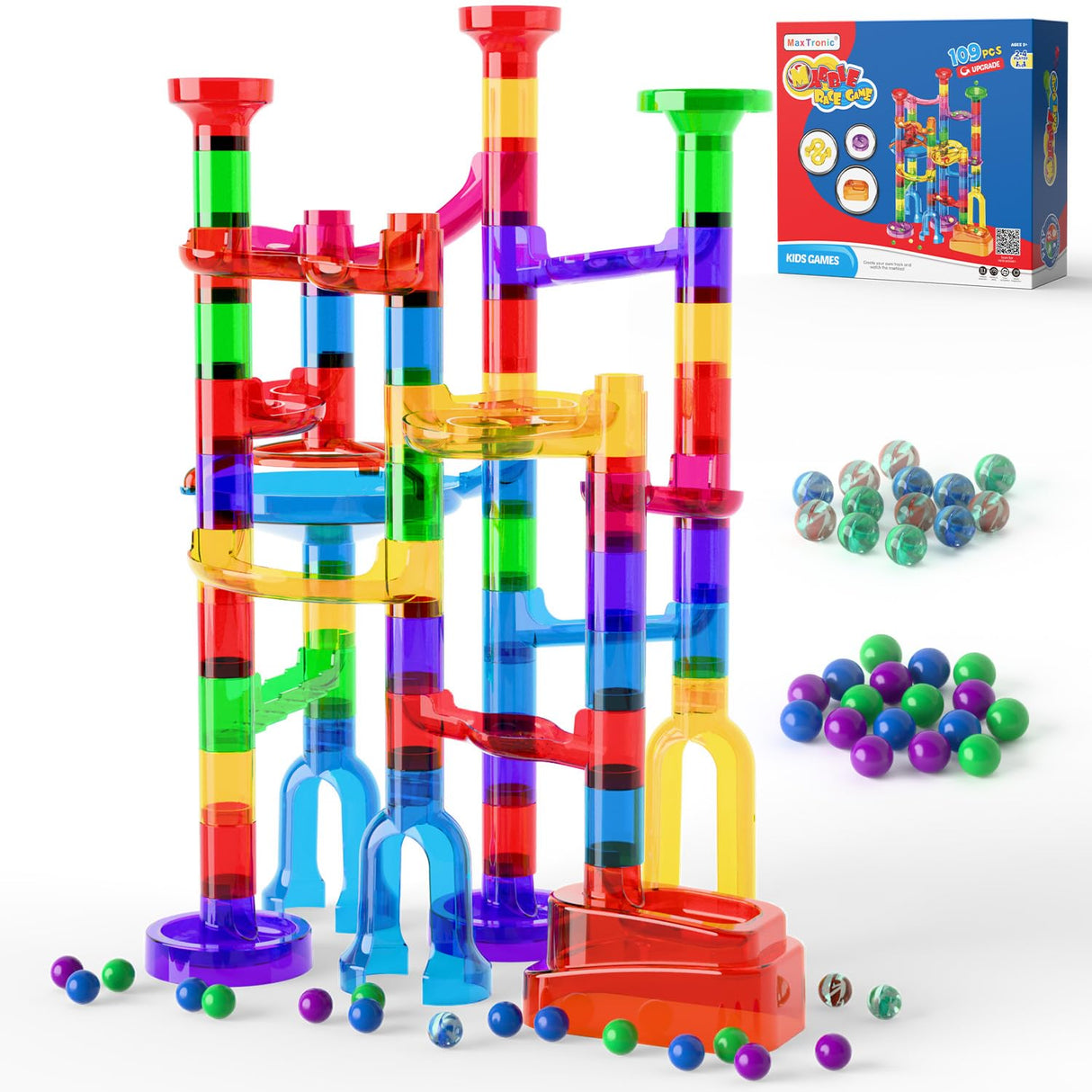 Marble Run, 109 Pcs Marble Maze Race Building Blocks Toy Game & STEM Learning Toys Christmas Birthday Gift for Kids Aged 3-12