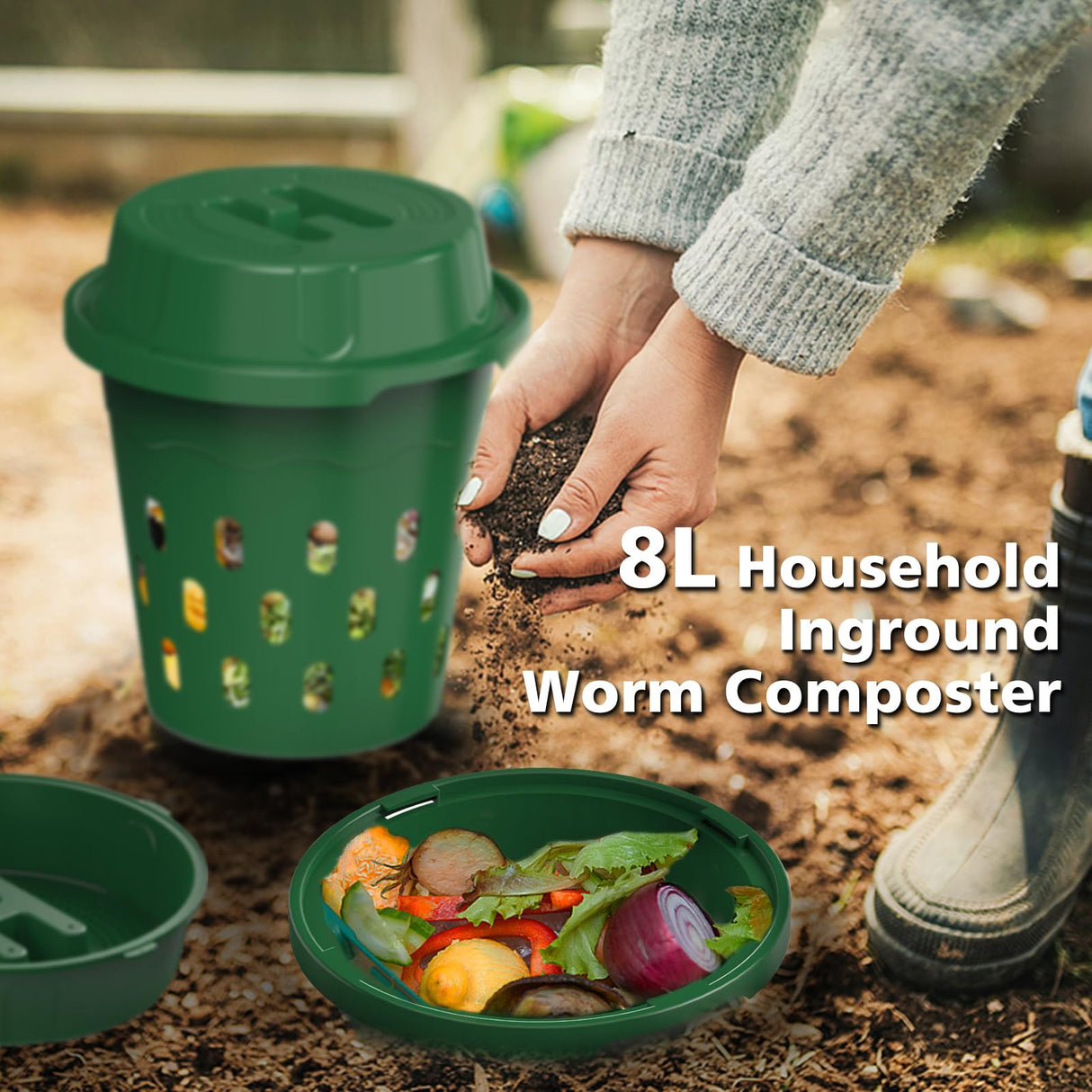 TOP XIAN 2-Pack Inground Worm Composter, Outdoor Worm Compost Bin for Garden Beds & Home Use, Vermicomposting Bin for Beginners (9.5x9.5x10.8Inch), Green