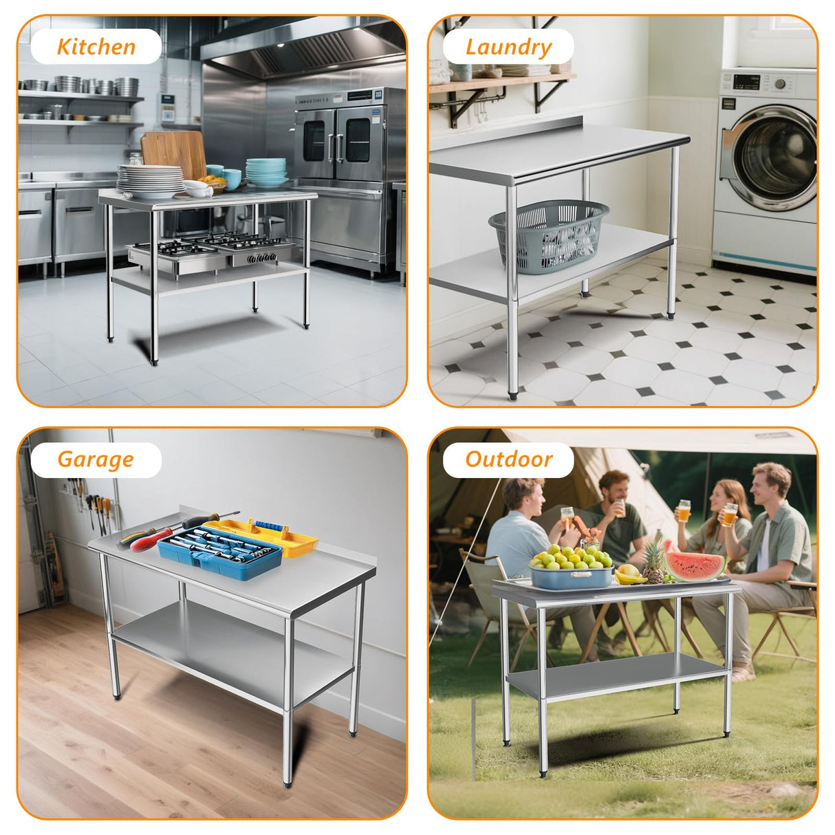 ROVSUN 60'' x 24'' Stainless Steel Table for Prep & Work,Commercial Worktables & Workstations, NSF Heavy Duty Metal Table with Adjustable UnderShelf & Backsplash for Kitchen,Restaurant,Home,Hotel