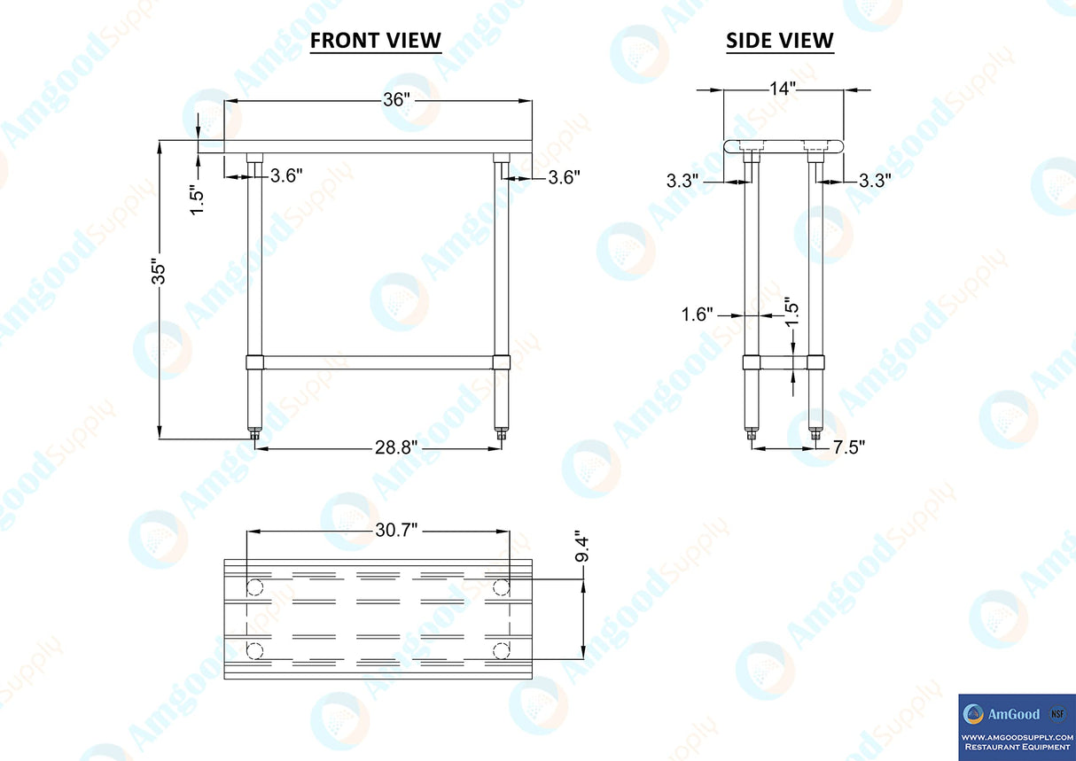 AmGood 14 in. x 36 in. Stainless Steel Work Table | Metal Kitchen Food Prep Table | NSF