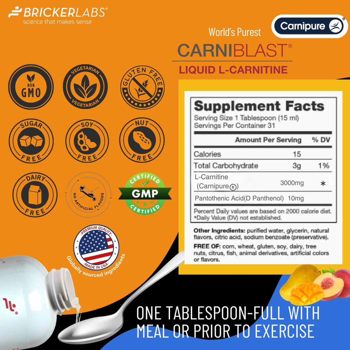 Bricker Labs CARNIBLAST Liquid L-Carnitine 3000mg, Premium L Carnitine Carnipure, Sports Nutrition, Energy Supplement and Energy Booster, Peach Mango 16 fl oz