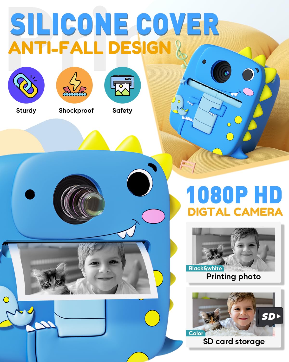 Prysyedawn Kids Camera Instant Print, Christmas Birthday Gifts for Kids Age 3-8, 1080P Digital Camera with Silicone Cover, Toddler Portable Travel Toys for 3 4 5 6 7 8 Year Old Girls Boys-Blue