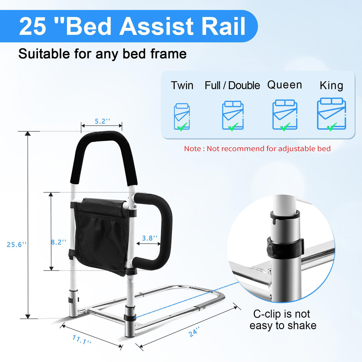 Bed Rails for Elderly Adults Safety-Bed Assist Rail with Double Grab Bars & Fall Prevention Guard & Storage Pocket Fits King, Queen, Full, Twin, Support Up to 300lbs,Height 25.6'' (Double Grab Bars)