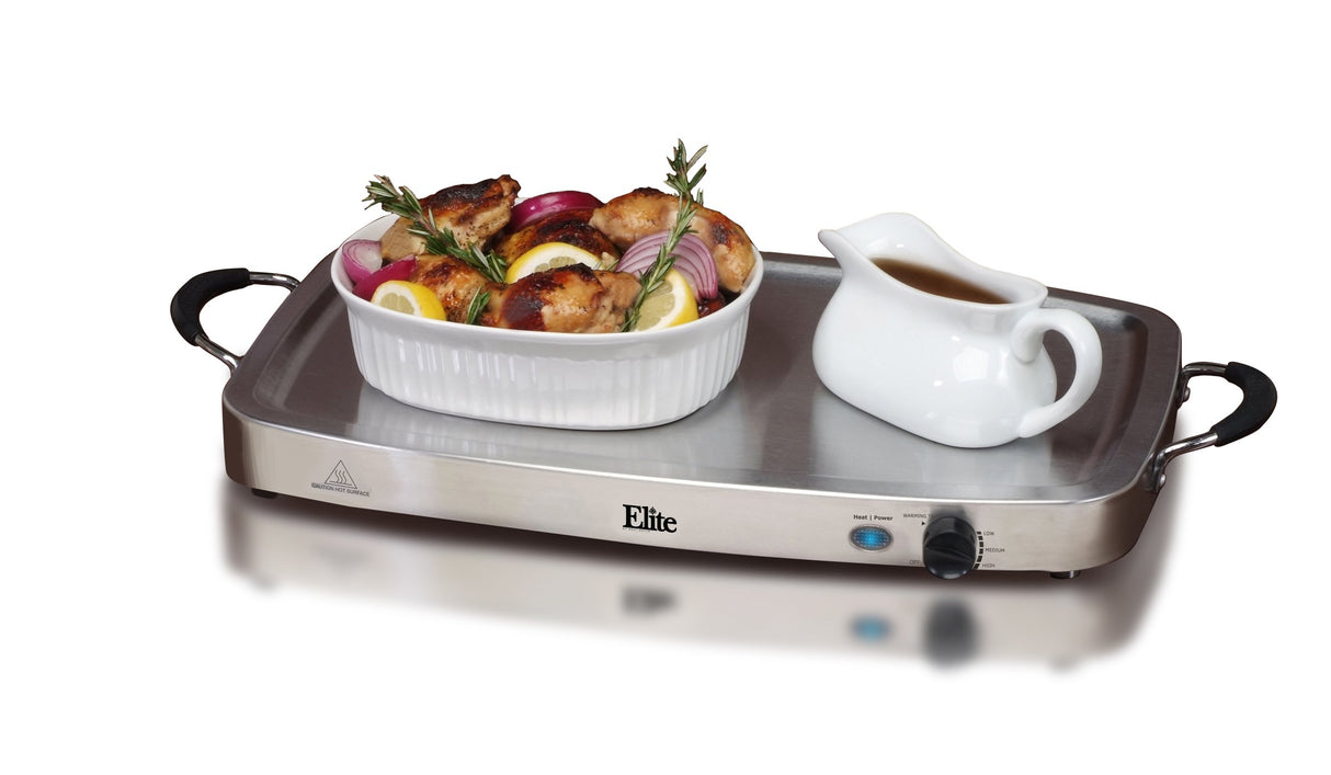 Elite Gourmet EWM-9933 Triple 3 x 2.5 Quart Trays Buffet Server 7.5 Qt Oven Safe Pan Food Warmer, Temperature Control, Clear Slotted Lids, Perfect for Parties, Entertaining & Holidays, Stainless Steel