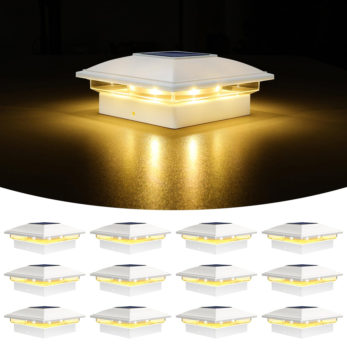 VOLISUN Solar Post Cap Light Outdoor Waterproof 12pack,Solar Fence - Post Lights for 4x4 5x5 6x6 Wooden/Vinyl Post,White Deck Cap Light Solar Powered with Warm White for Garden/Patio/Porch