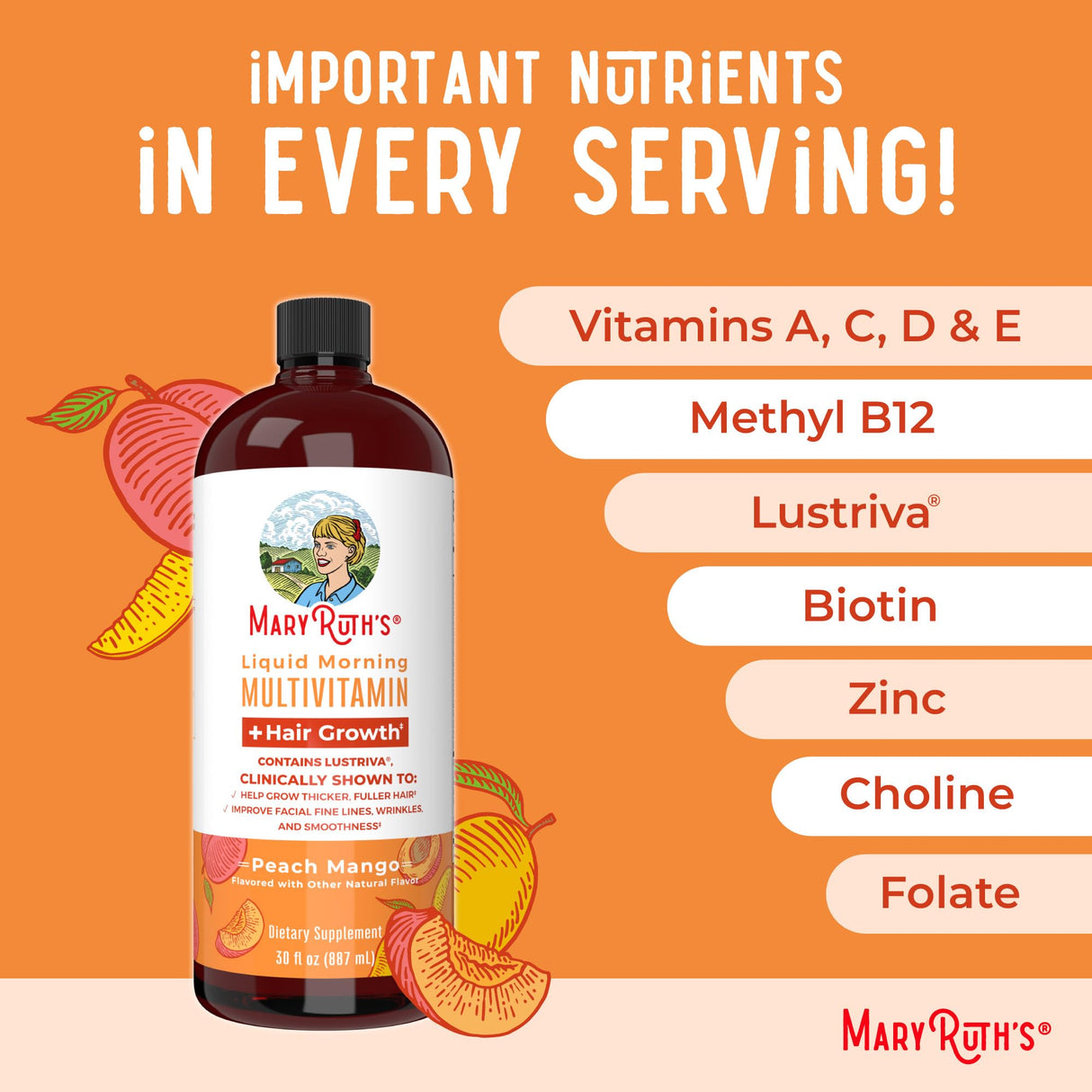 MaryRuth's Liquid Multivitamin + Hair Growth | Clinically Tested for Thicker Hair & Facial Wrinkles in Women | Biotin 10000mcg | Lustriva Hair Growth Supplements | Skin Care | Ages 18+ | 30 Fl Oz