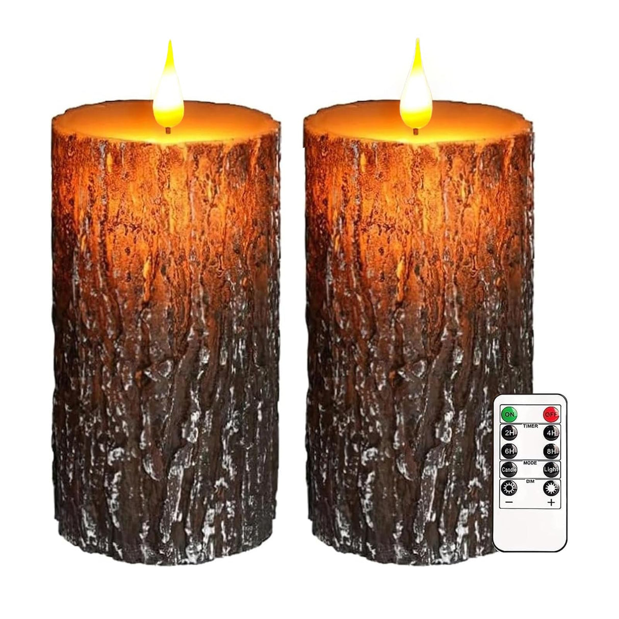 VEEKI Flameless Candles Lights, Set of 2 6"x3" Pine Bark Flickering LED Candles with Remote & Timer, Dimmable Pillar Candles Battery Operated, Real Wax Electric Candle for Christmas Winter Home Decor