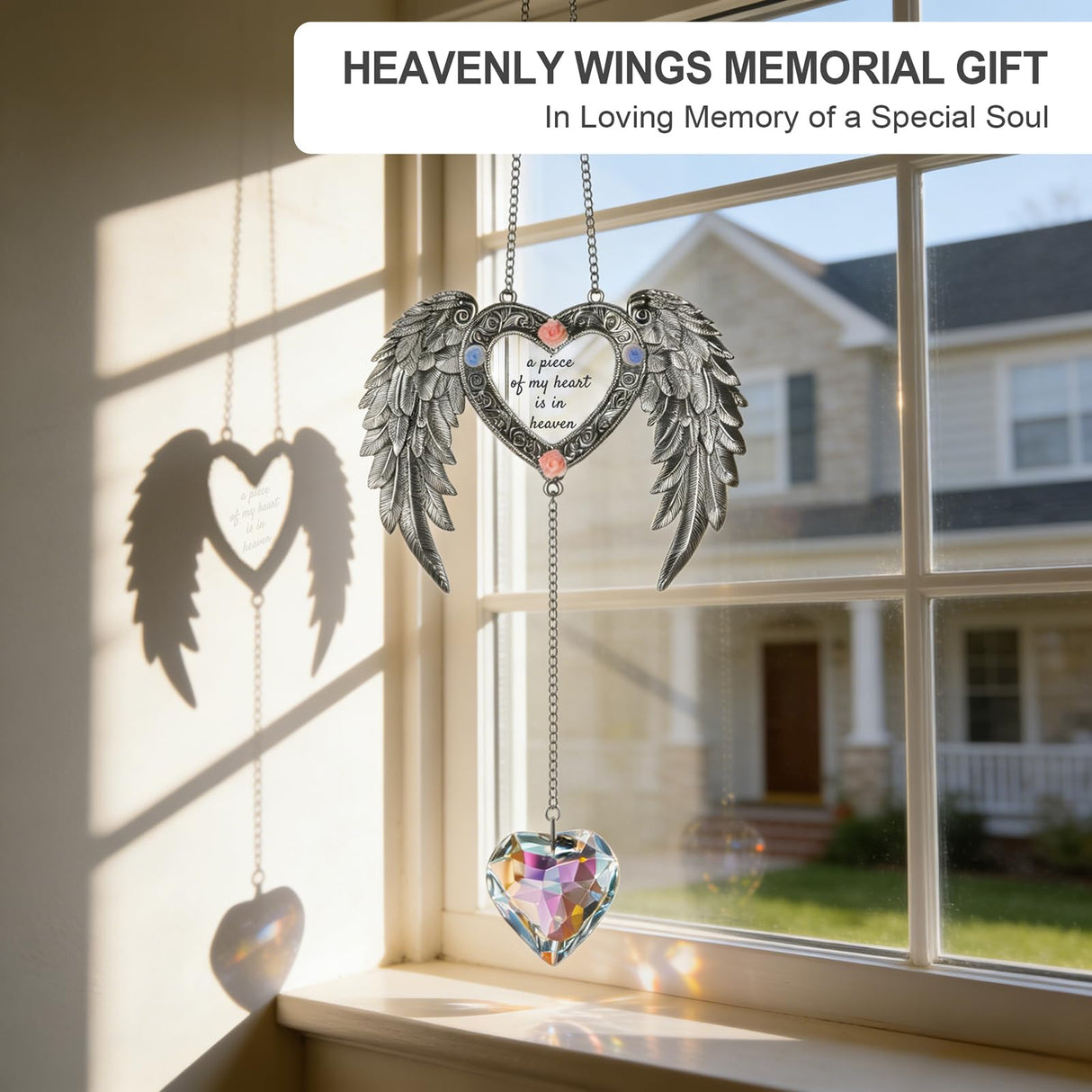 Sun Catcher Memorial Gifts A Piece of My Heart is in Heaven,Heavenly Wings Sympathy Gift for Loss of Loved One, Crystal Suncatcher for Windows, Bereavement & Grief Gift for Women, Remembrance Decor