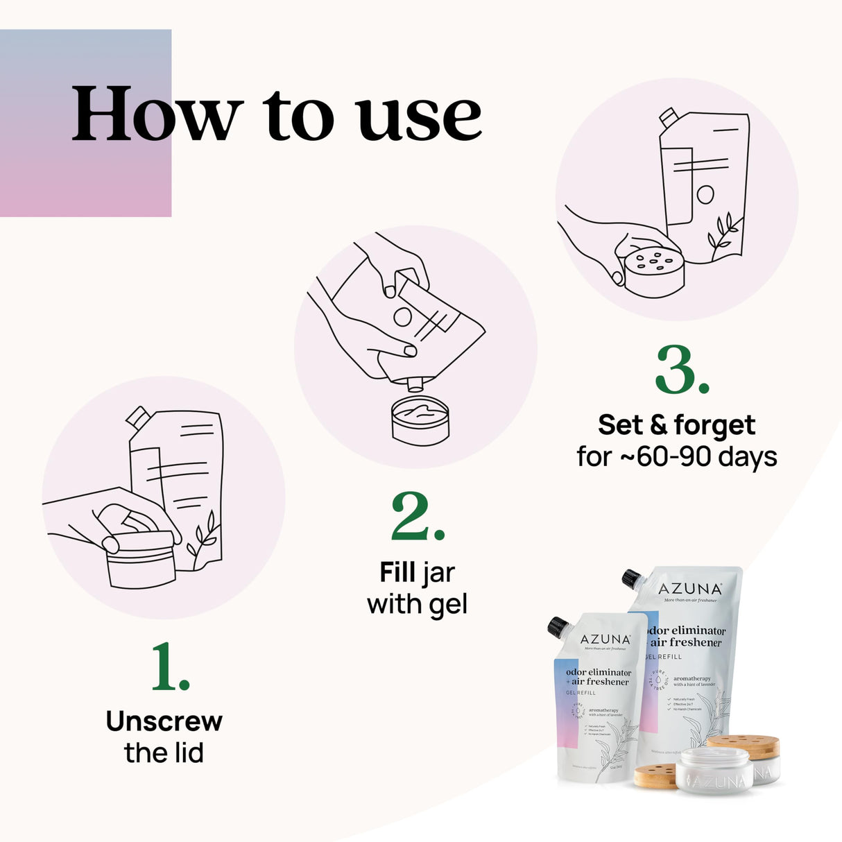 Azuna Air Freshener & Odor Eliminator for Strong Odor | 4 Room Kit Includes (4) Empty Luxe Glass Jar & 24oz Gel Refill with Tea Tree Essential Oil | Aromatherapy | Last 60-90 Days