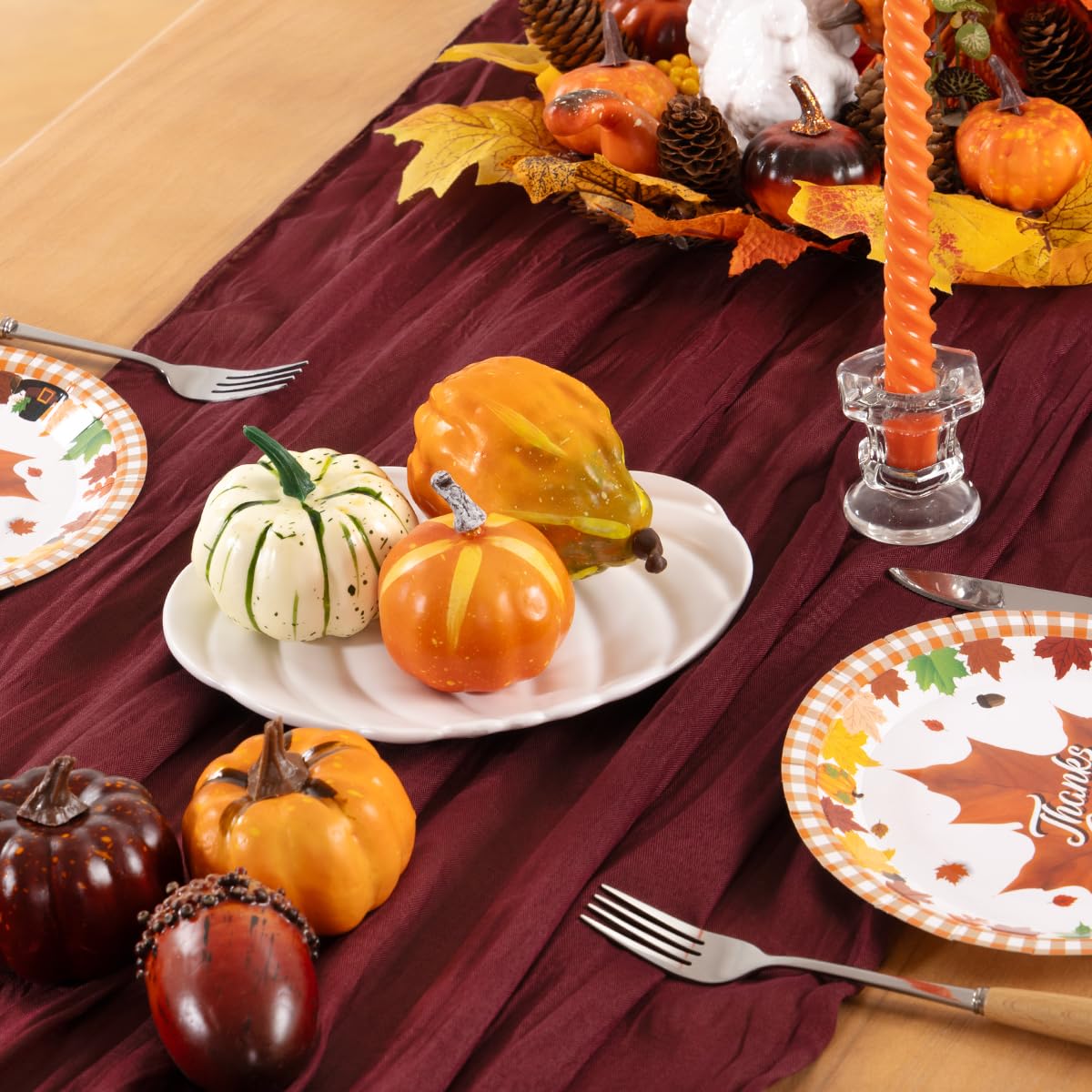 DeZerlor Burgundy Red Cheesecloth Table Runner 6 Pack Fall Table Runners Boho Gauze 120 Inches Red Cheese Cloth Fall Table Decorations for Thanksgiving Christmas Weddings Bridal Shower Candlelight