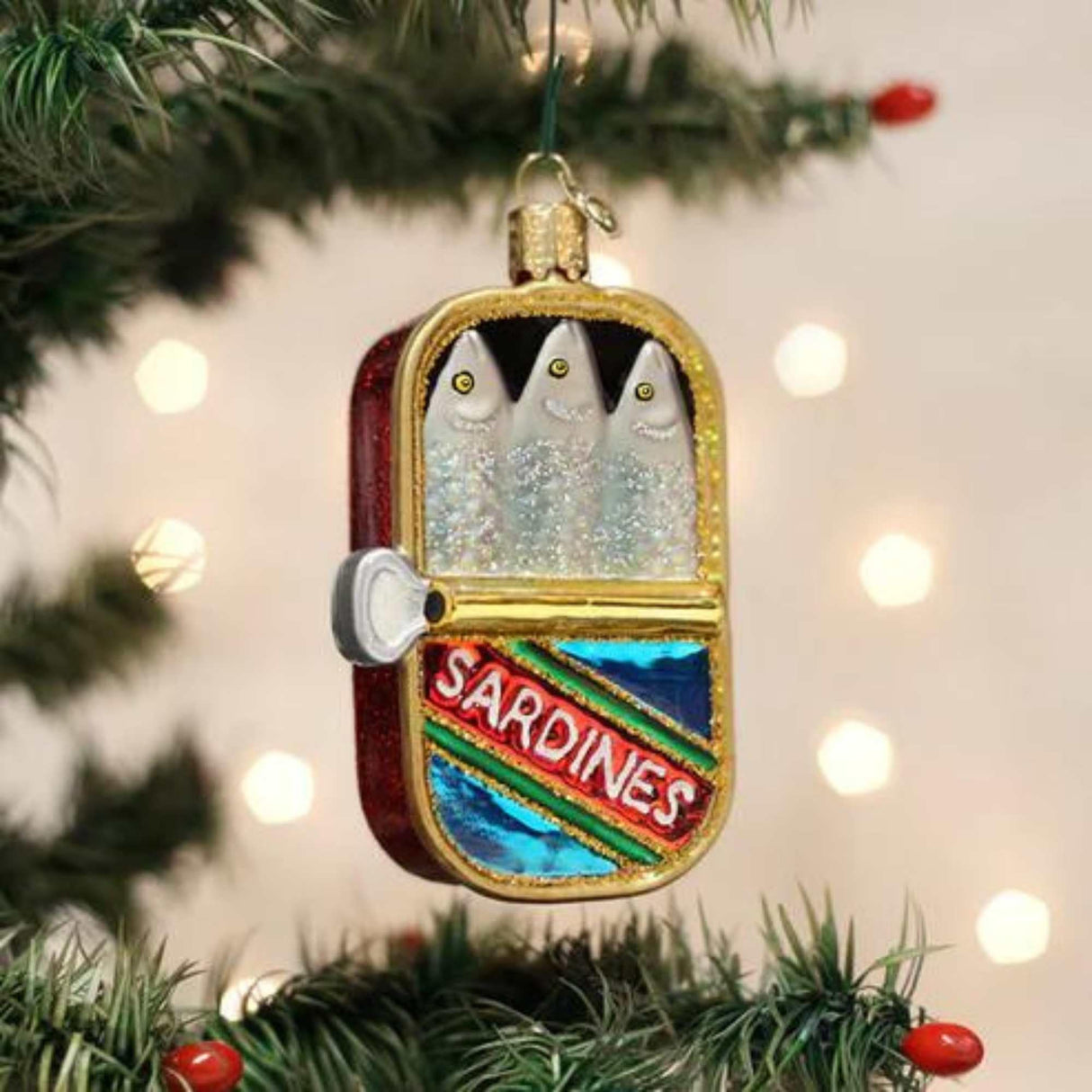 Old World Christmas Sardines Tin Glass Blown Ornament for Christmas Tree, Handcrafted Holiday Decoration, Food Collection