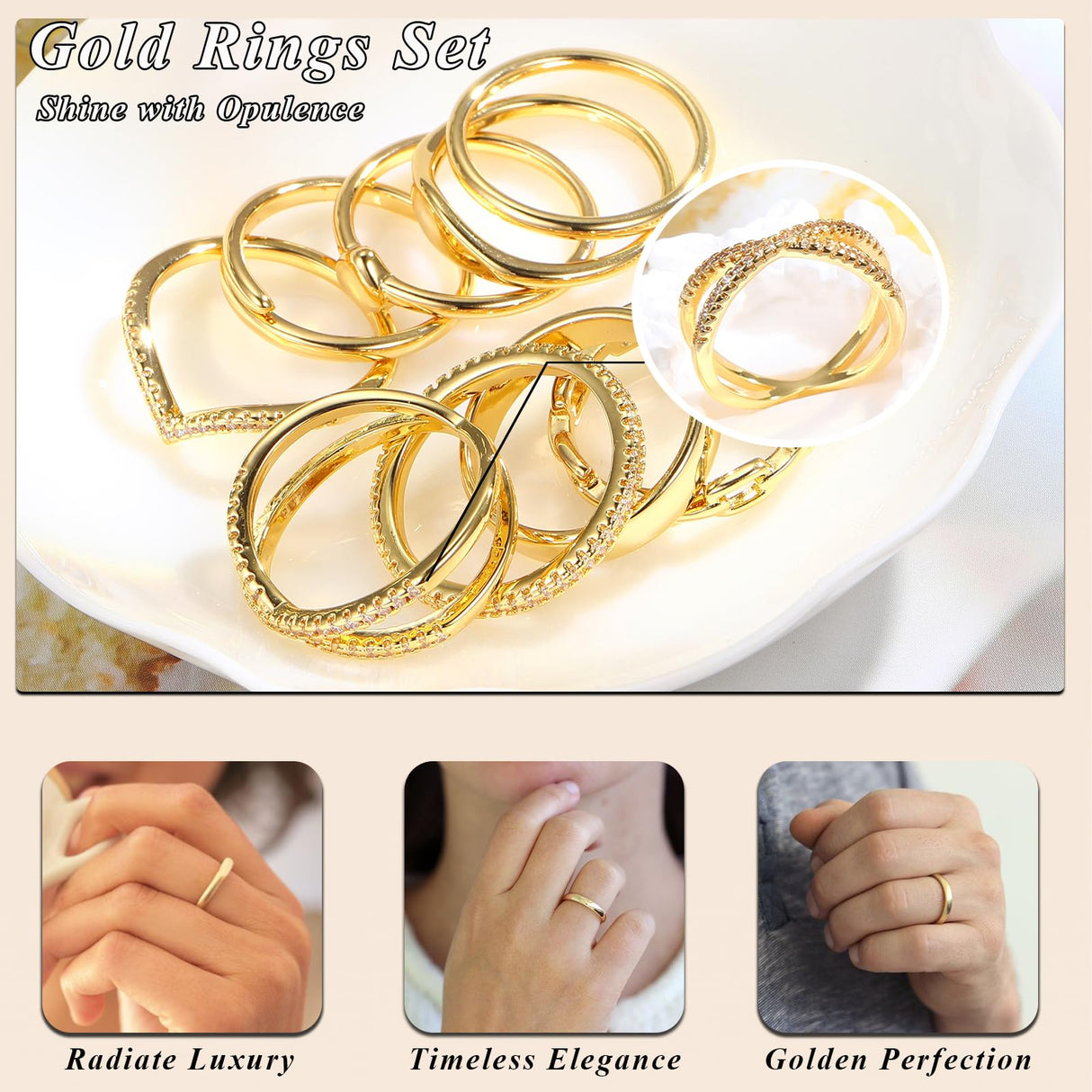 10 PCS 14K Gold Rings for Women, Simulated Diamond Criss Cross, Size 11
