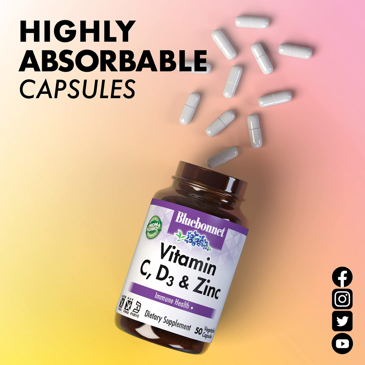 Bluebonnet Nutrition Vitamin C, D3 & Zinc, for Immune Health and Respiratory Function*, Soy-Free, Gluten-Free, Non-GMO, Kosher Certified, Dairy-Free, 100 Vegetable Capsules, 100 Servings