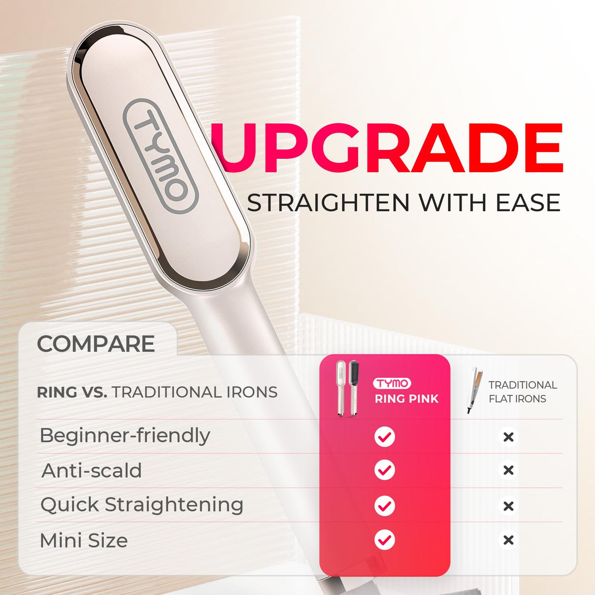 Hair Straightener Brush, TYMO Ring Hair Straightener Comb Straightening Brush for Women with 5 Temps 20s Fast Heating & Dual Voltage, Gold