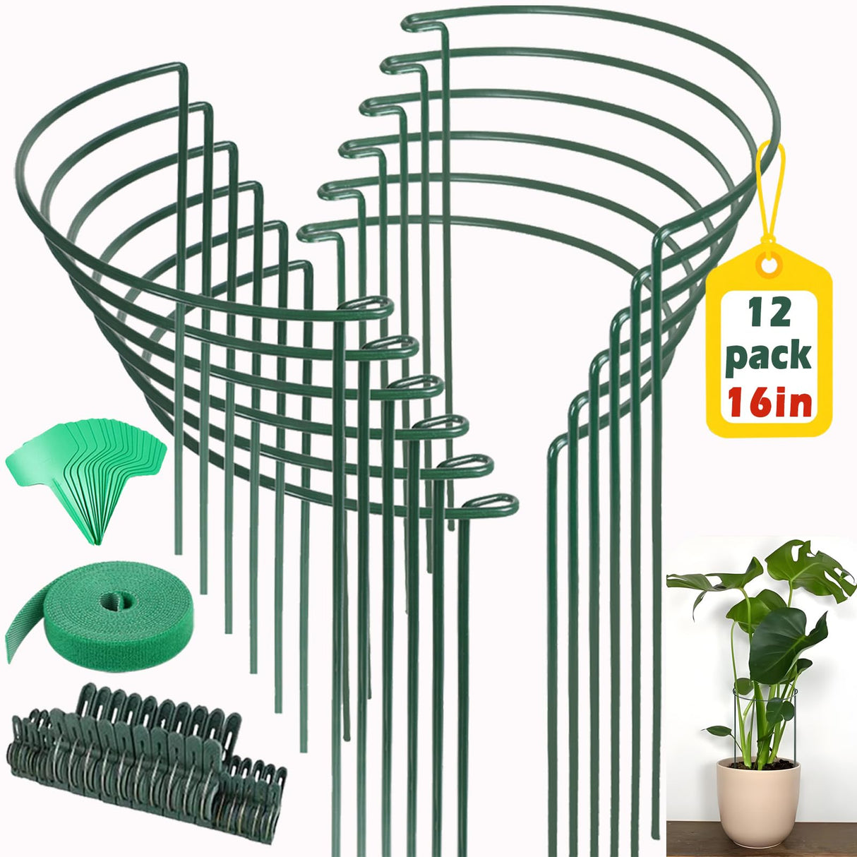 12 Pack Plant Support Stake Peony Cages, 16 Inch Peony Supports for Outdoor Plants, with 15 Pcs Plant Labels, 20 Pcs Plant Clips, 7ft Plant Ties