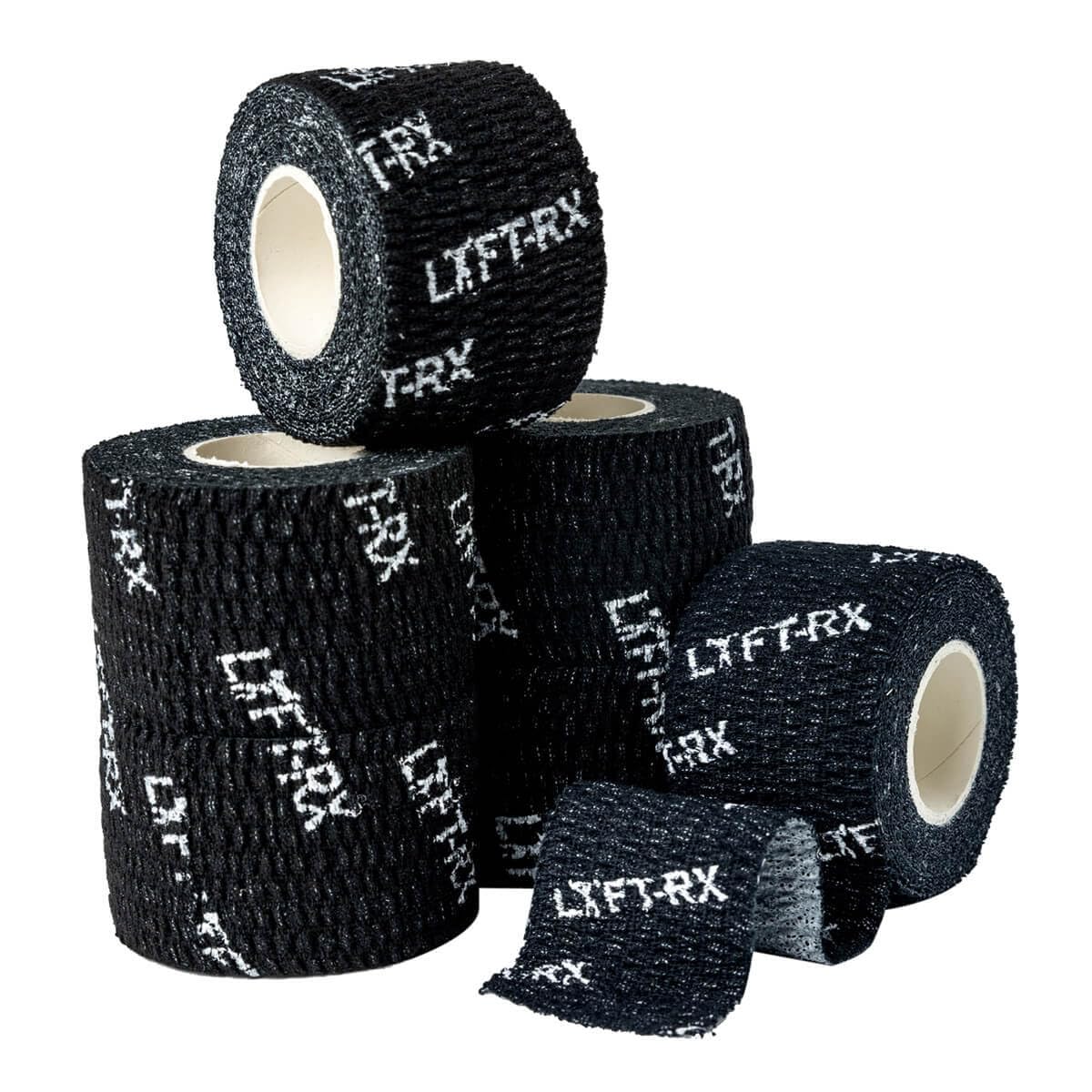 LYFT-RX Weightlifting Hook Grip Tape w/Premium Adhesive for Olympic Weight Lift, Cross Fitness, Lifting, Stretch Fit Athletic Finger Wrap, Protects Thumb Fingers, Size1.5in Black 6-Rolls