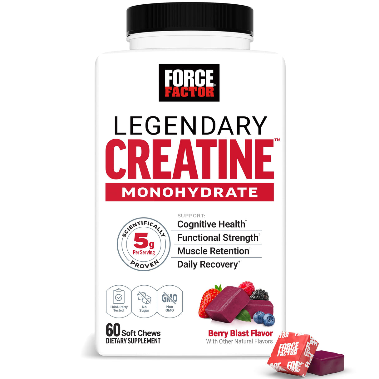 FORCE FACTOR Legendary Creatine Chews, 5g Creatine Monohydrate, Build Muscle, Improve Strength & Recovery, Support Memory & Cognitive Function, Sugar Free, Berry Blast, 60 Soft Chews