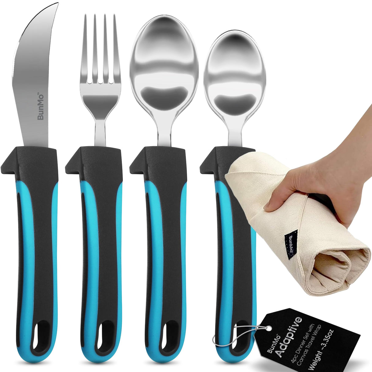 BUNMO Utensils for Elderly, Arthritis, Weak Hand Grip, Tremors & Handicapped - Convenient Travel Pouch - 3.35oz Lightweight - Stainless Steel - Eat Independently - Adaptive Blue 4 Piece Set