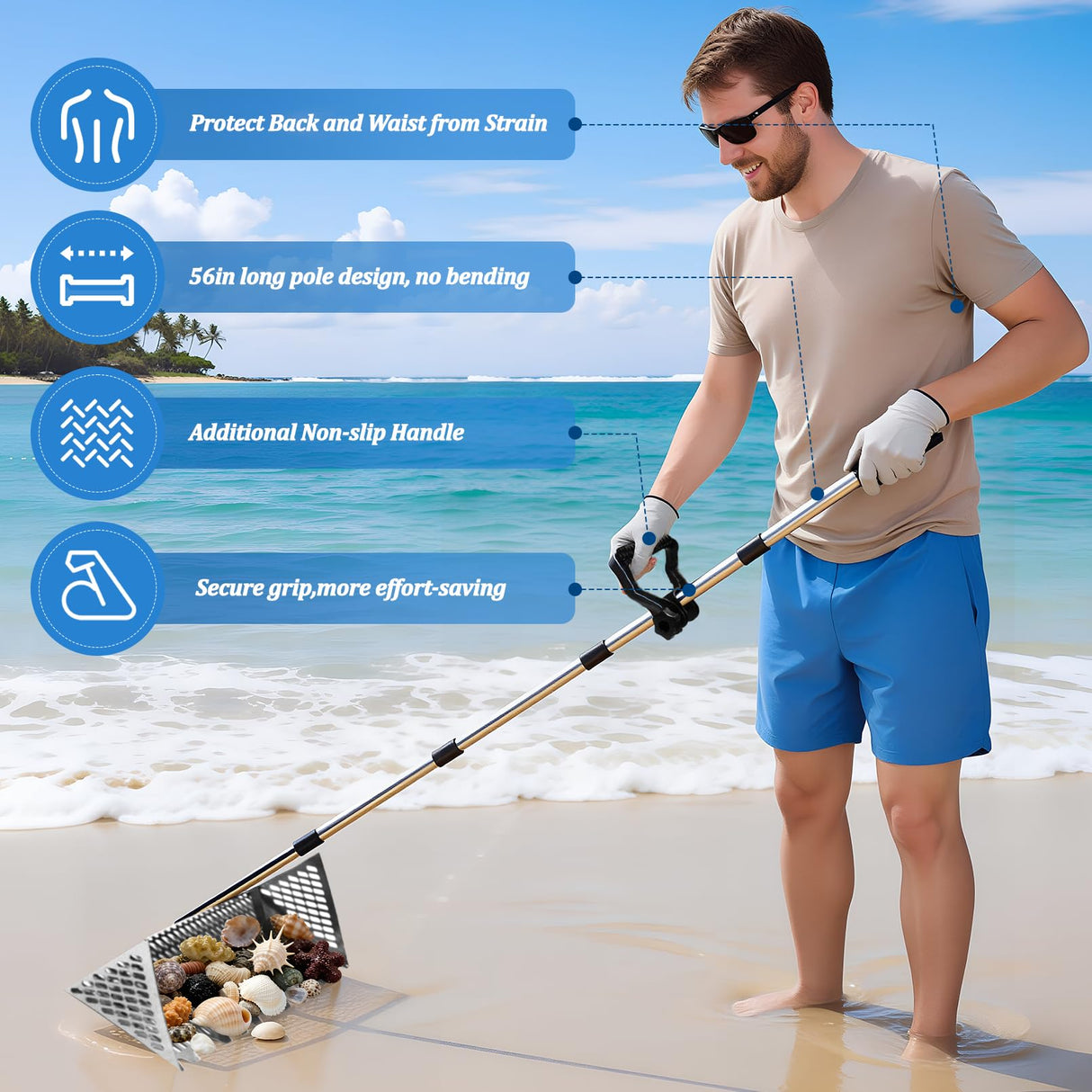 Sand Flea Rake,Detachable Long Handle Sand Sifter with Stainless Steel Sand Scoop Shark Tooth Sifter and Beach gloves with 16-Inch-Wide Drainage Mesh for Finding Fleas,Shells Shark Teeth,Yard Cleaning