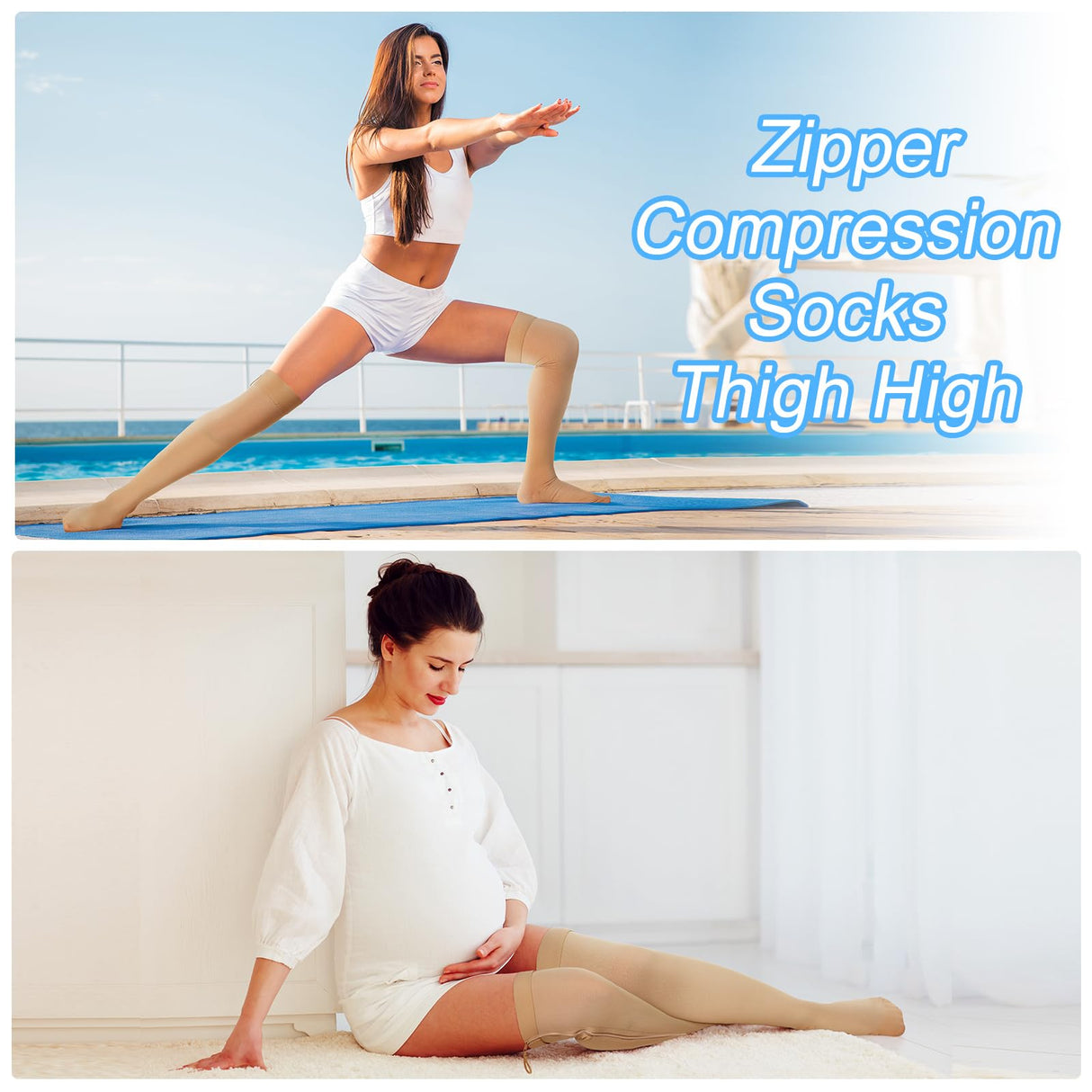 Sosation Thigh High Zipper Compression Socks 20-30 mmHg Zipper Compression Stockings Thigh High for Women Men Swelling Edema (Beige,X-Large)