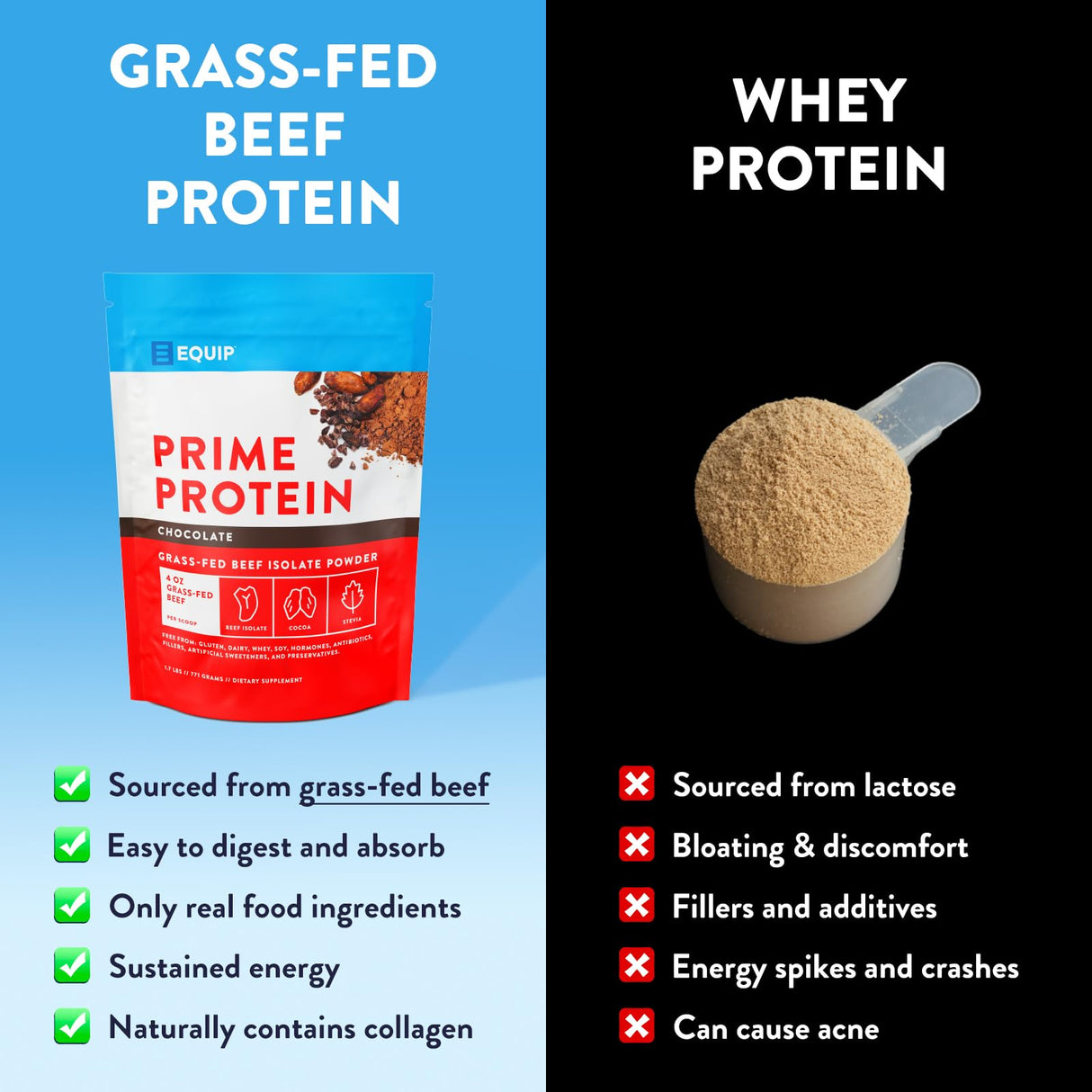 Equip Foods Prime Protein Powder | Clean, Grass Fed Beef Protein Isolate | Carnivore Protein Powder | Paleo, Keto Friendly | Gluten, Dairy Free | Helps Build & Repair Tissue | 30 Servings, Chocolate