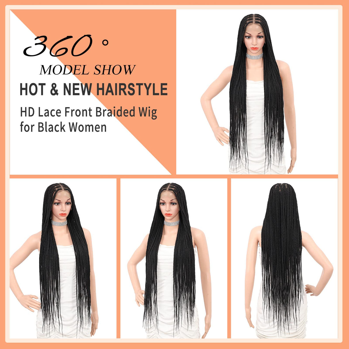 Brinbea 36'' 13X8" HD Lace Front Knotless Braided Wigs for Women Box Braid Wig with Baby Hair Braided Lace Front Wigs Human Hair Blended Braid Wig Natural Long Black