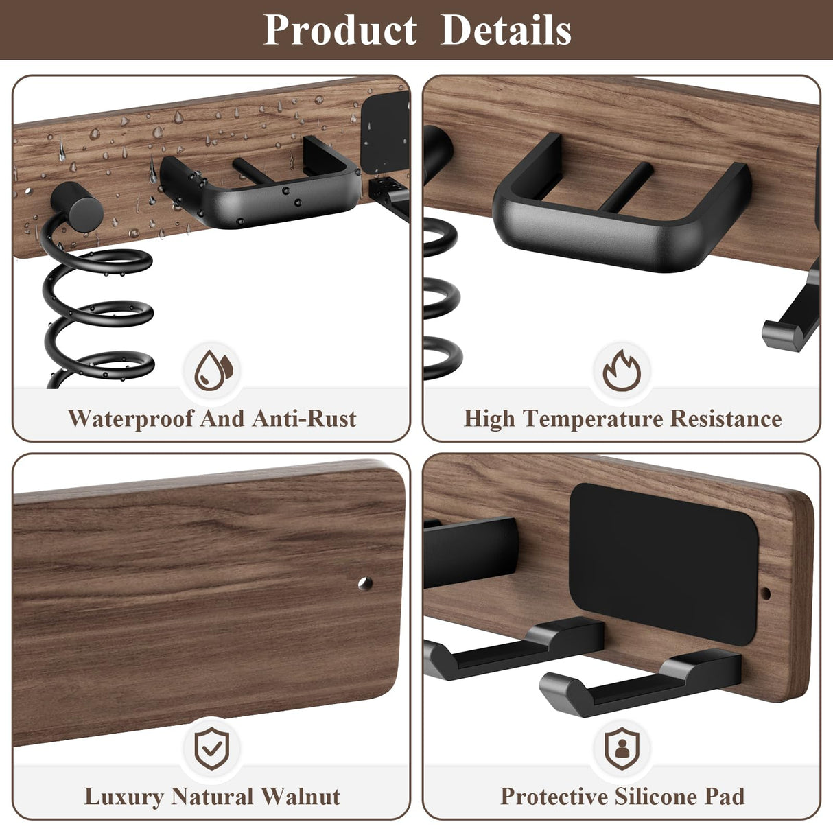 Tindbea Hair Dryer Holder Curling Iron Holder Flat Iron, Blow Dryer Holder Wall Mount, 3 in 1 Bathroom Hair Tool Organizer Rack for Universal Dryer, Walnut Matte Black