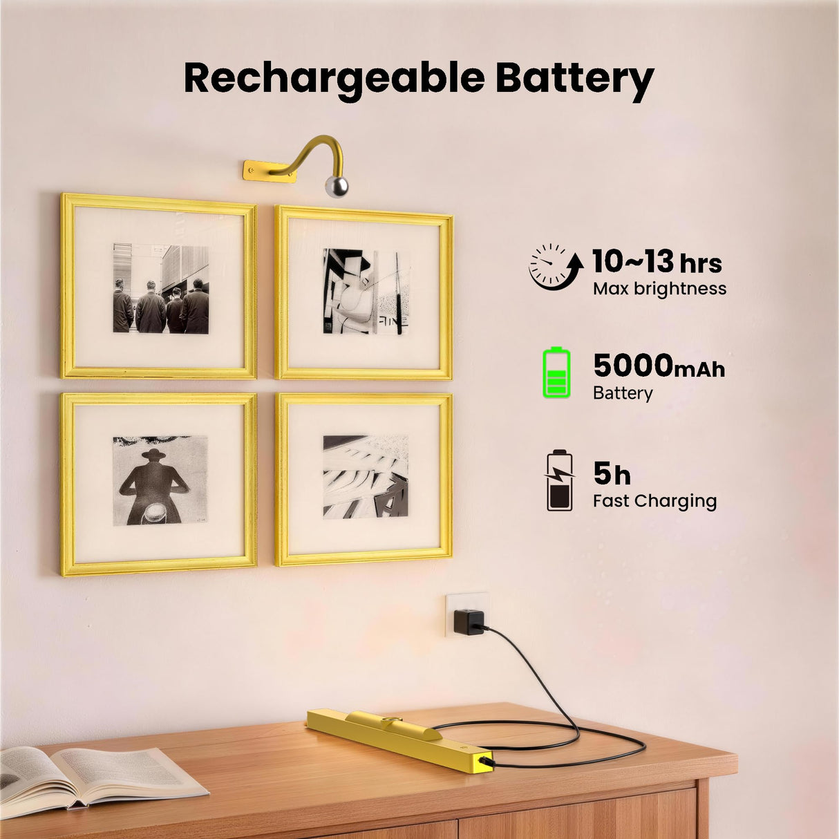 Picture Light 3Pack- 16in Picture Lights for Wall, 5000mAh Wireless Rechargeable Battery Picture Lights, Wall Light, Art Display Light for Gallery Artwork, Paintings, Portraits, Dartboards- Gold