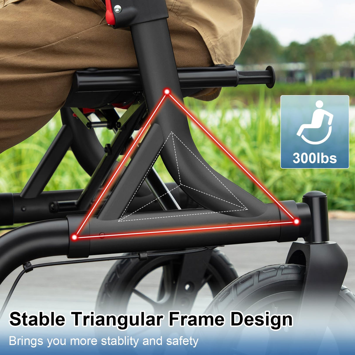 MAXWALK Walkers for Seniors, Rollator Walker with Seat, 12" Big Rubber Wheels All Terrain Rollator Walker with Backrest, Built-in Cable, Cup Holder, Foldable and Height Adjustment for Seniors, Black