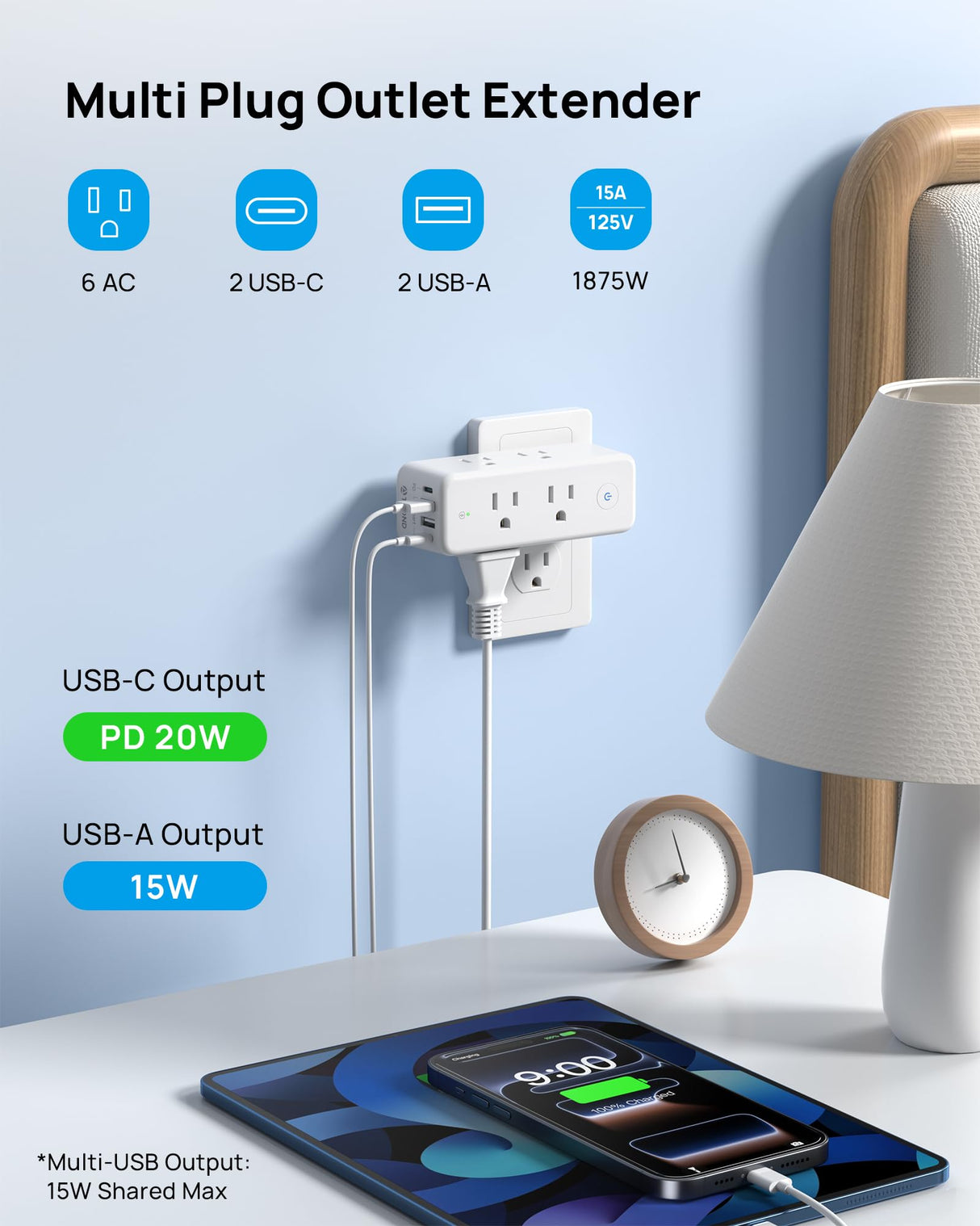 TROND Outlet Extender with 360° Rotating Plug, 6 AC Outlet Splitter with On/Off Switch, Multi Plug Adapter with PD 20W USB C, 2 USB-A & 2 USB-C, 3 Way Wall Extension Outlet for Home Office Travel