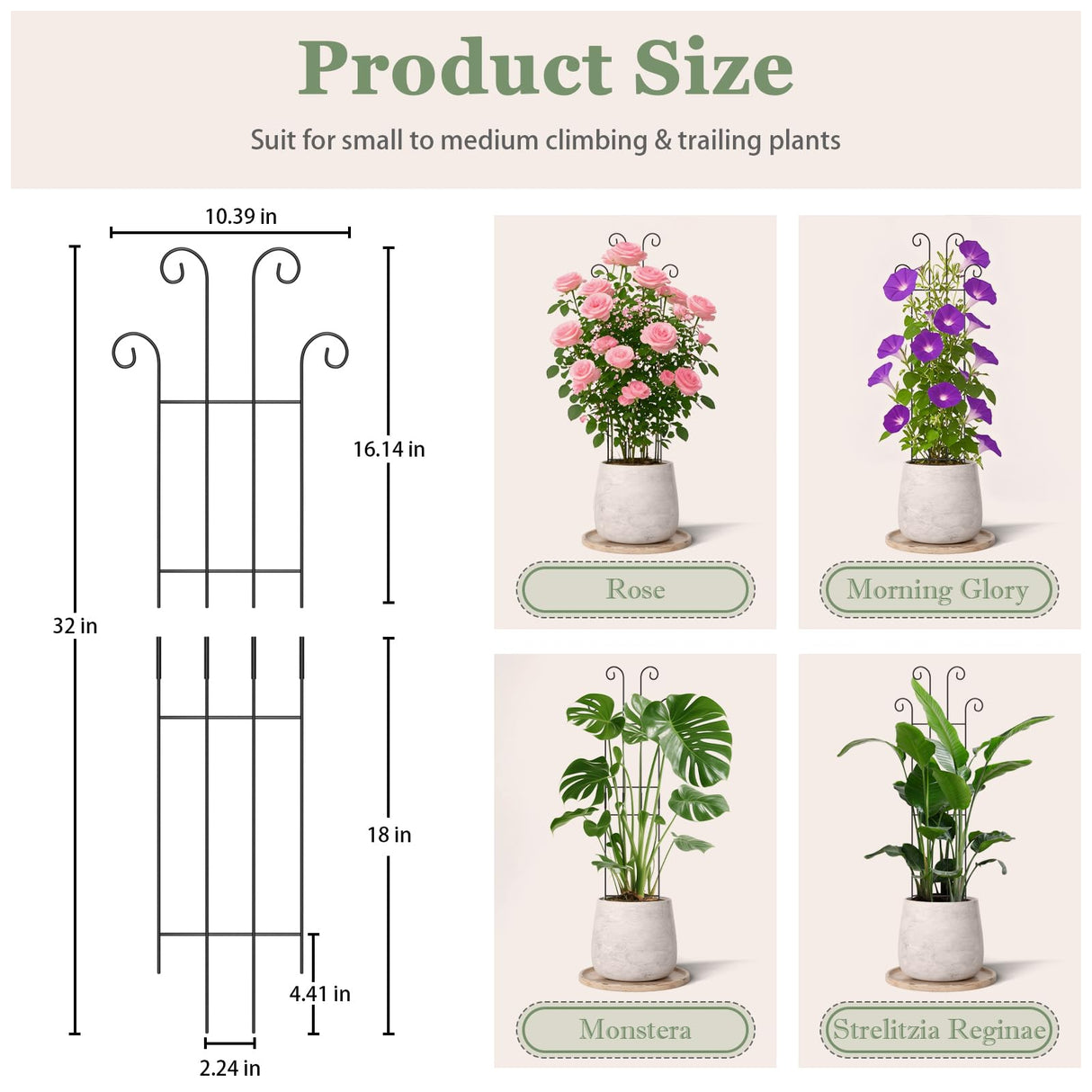2 Set 32'' Taller Plant Trellis for Climbing Plants Indoors & Outdoor, Garden Metal Trellis Plant Support for Potted Plants, Houseplants, Flowers Vine, Ivy, Pothos, Monstera