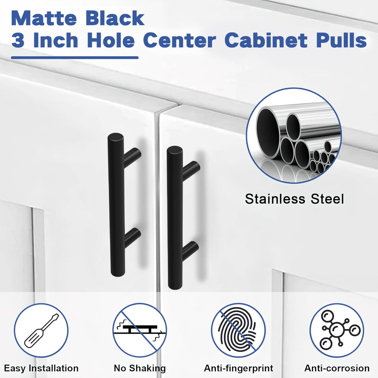 Estmoon 30 Pack Cabinet Handles Matte Black Cabinet Pulls with 3 Inch Hole Center, Stainless Steel Kitchen Cabinet Handles Black Kitchen Handles for Cabinets and Drawers, 76mm Hole Centers