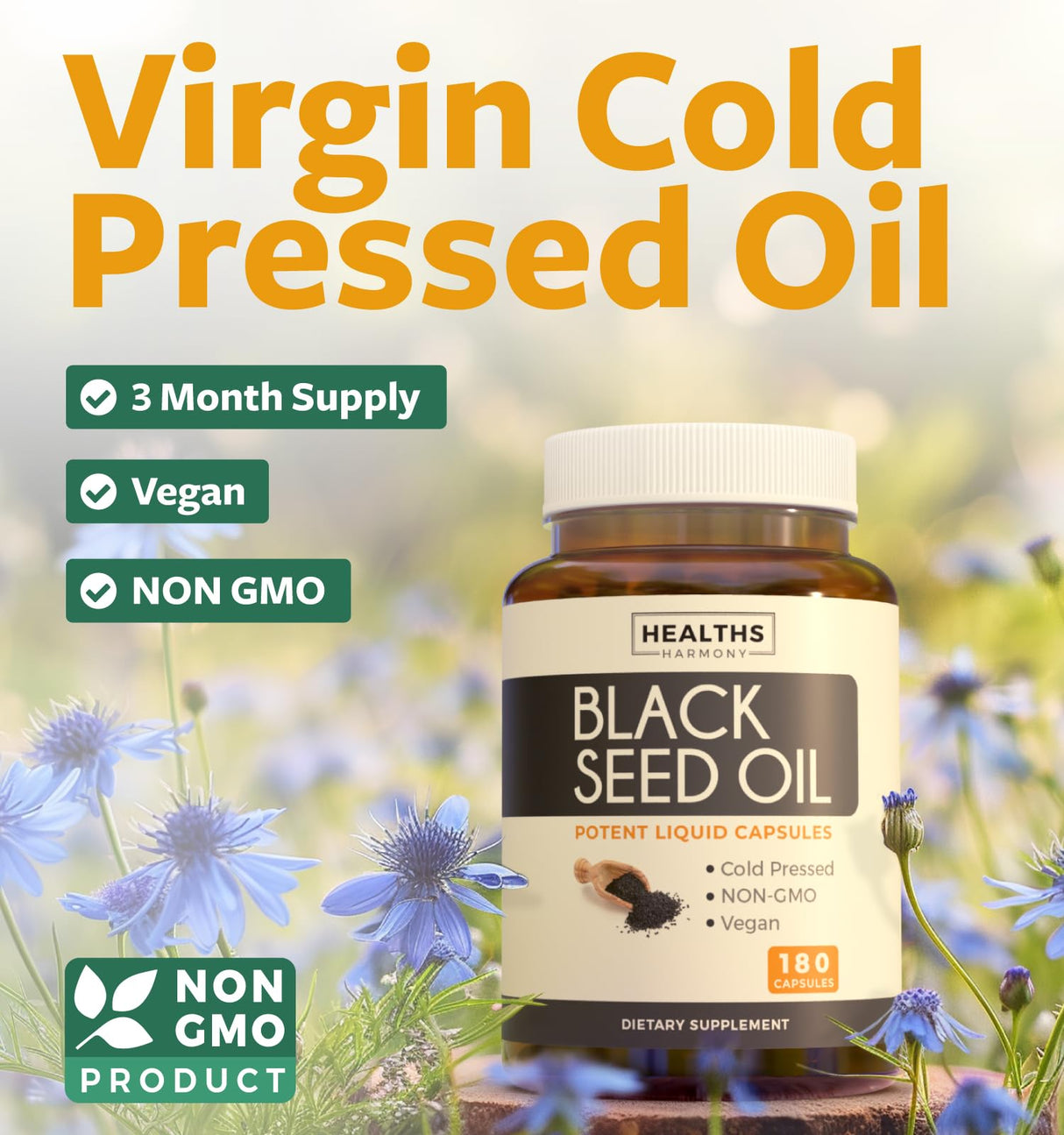 Black Seed Oil - 180 Softgel Capsules (Non-GMO & Vegan) Premium Cold-Pressed Nigella Sativa Producing Pure Black Cumin Seed Oil with Vitamin E - 500mg Each, 1000mg Per 2 Capsule Serving
