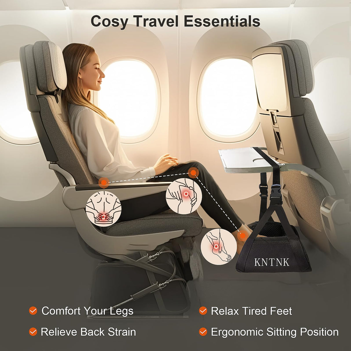 KNTNK Airplane Foot Hammock, Wide Airplane Foot Rest with Bamboo Board Support, Portable Travel Footrest Essentials, Adjustable Foot Hammock for Long Flight, Foldable & Compact for Easy Storage