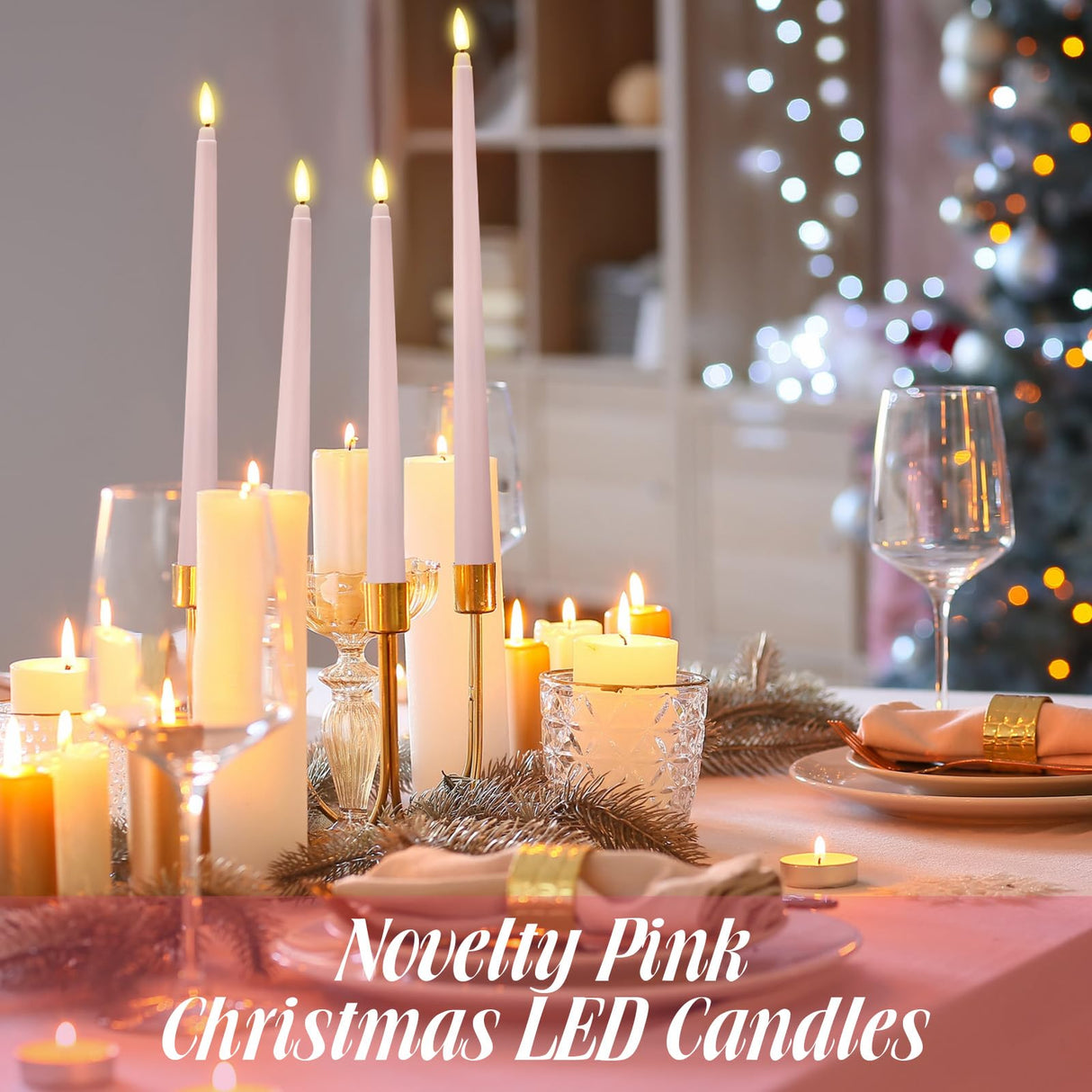Rossesay 24 Pcs Flameless LED Taper Candles Battery Operated Candles 8.58'', 9.69'', 10.98'', 12.91'', 12.8'' Flameless Candlesticks Flickering for Halloween Christmas Church Wedding(Dusty Pink)