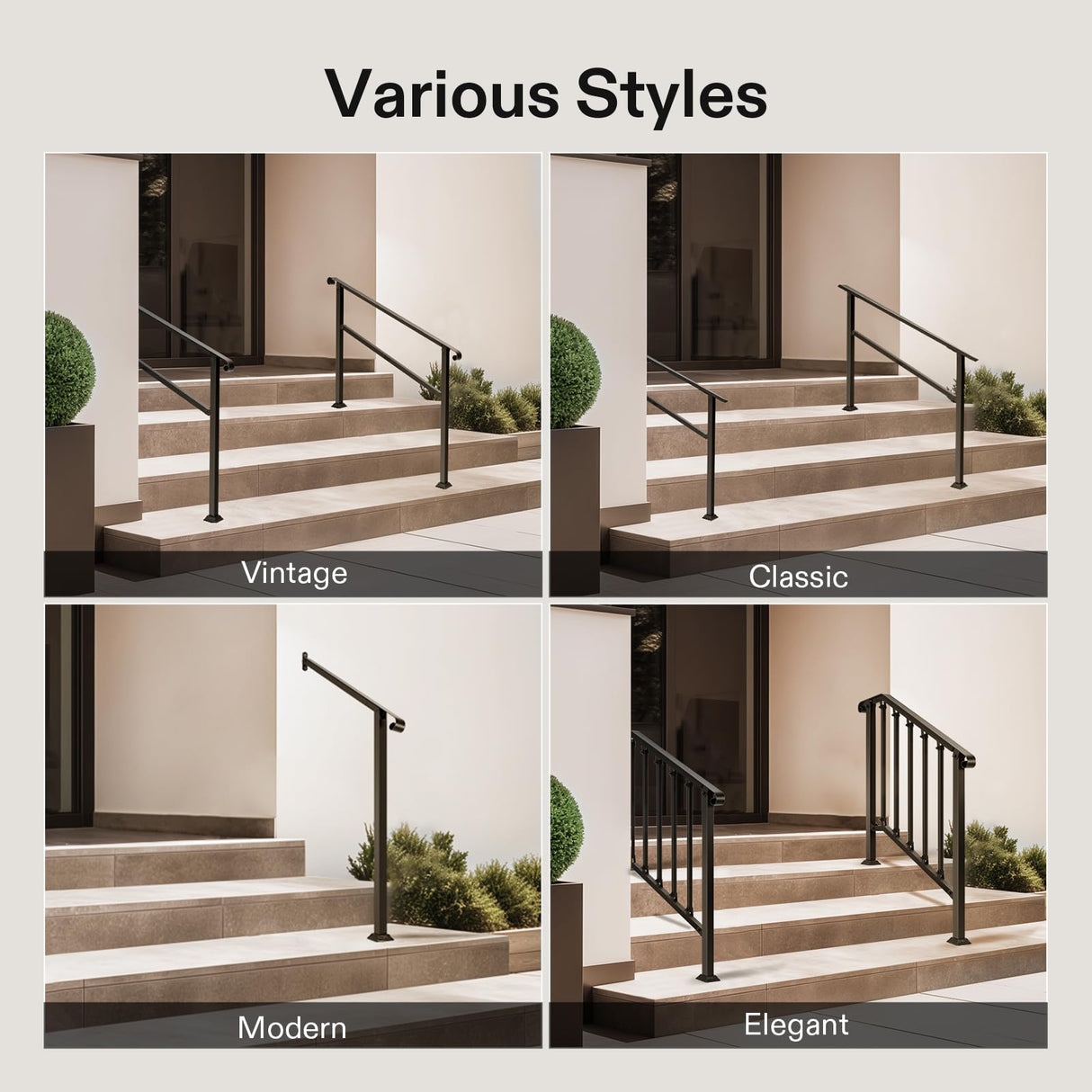 VIVOSUN 2-Pack Outdoor Handrail, 4 Step Stair Handrail, 54" x 36" Fits 1 to 4 Steps, Wrought Mattle Iron Handrail for Concrete Steps, Porch Steps, One-Step Assembly, 2 Packs, Black