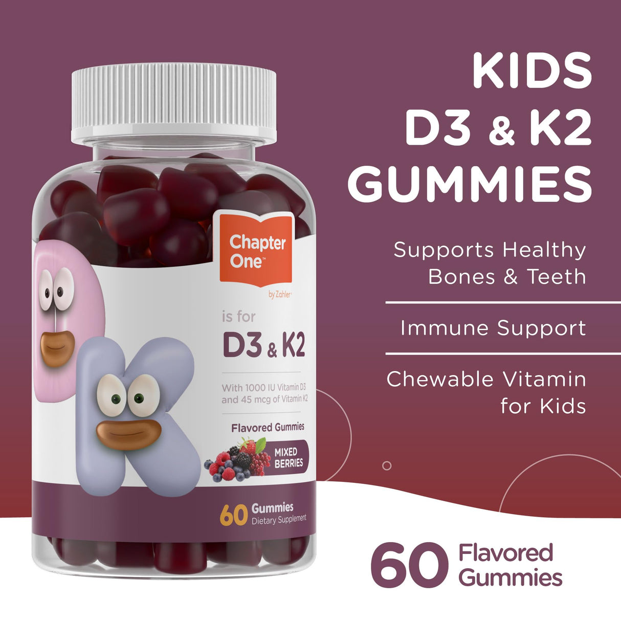 Zahler Chapter One Vitamin D3 K2 Gummies, Contains 1000IU of Vitamin D3 and 45MCG of Vitamin K2, D3 & K2 Gummy Supplement, Kosher, 60 Gummies