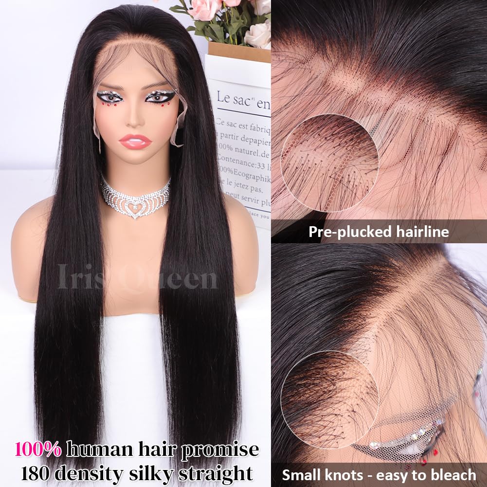 Iris Queen 28 Inch Straight HD Lace Front Wigs Human Hair Pre Plucked 12A 180 Density 13x4 Transparent Lace Frontal Wig with Baby Hair Natural Black for Women
