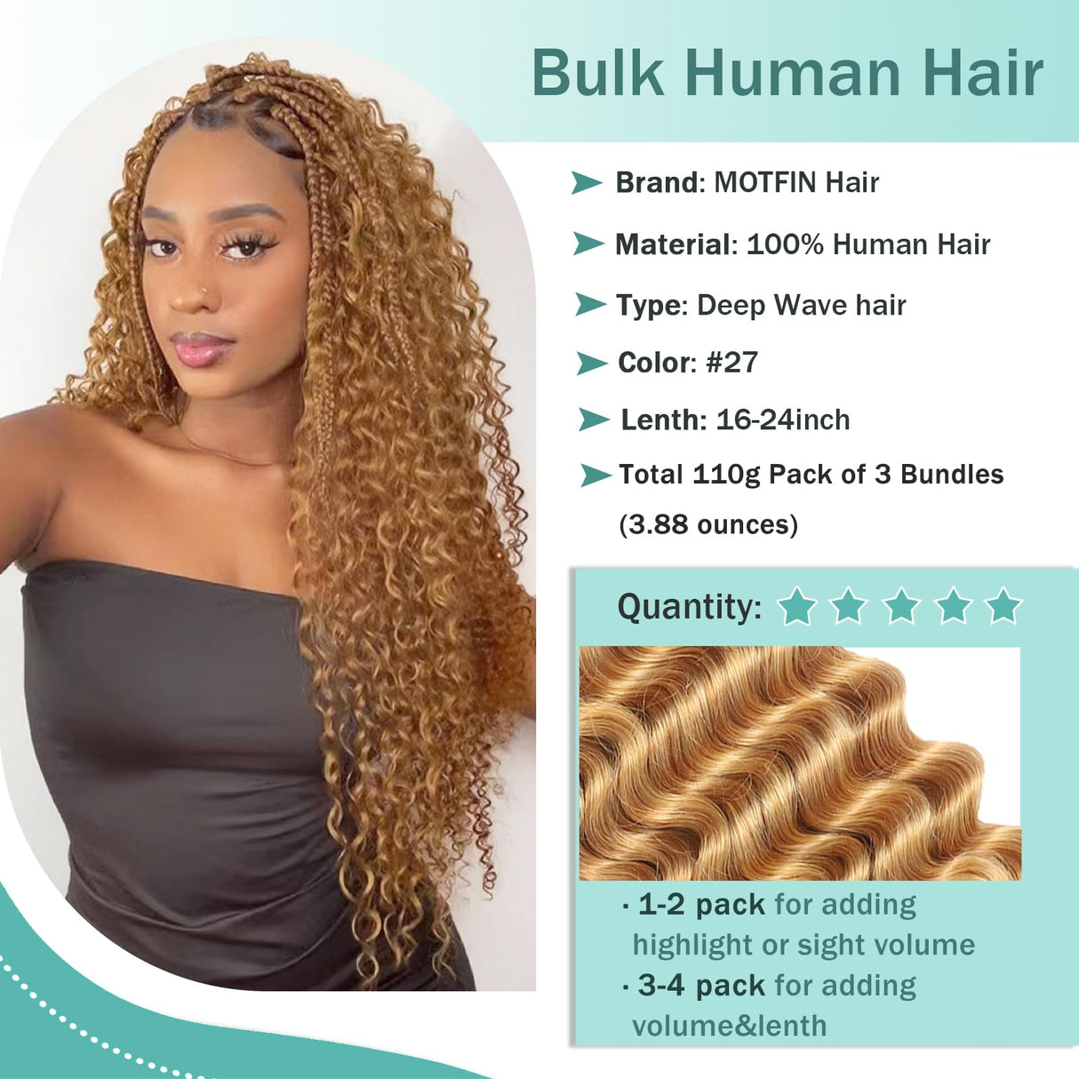 Human Braiding Hair for Boho Braids Human Hair 110g 20 Inch Curly Boho Hair for Braiding Knotless 12A Deep Wave Bohemian 3 Bundles/Pack Caramel Honey Blonde
