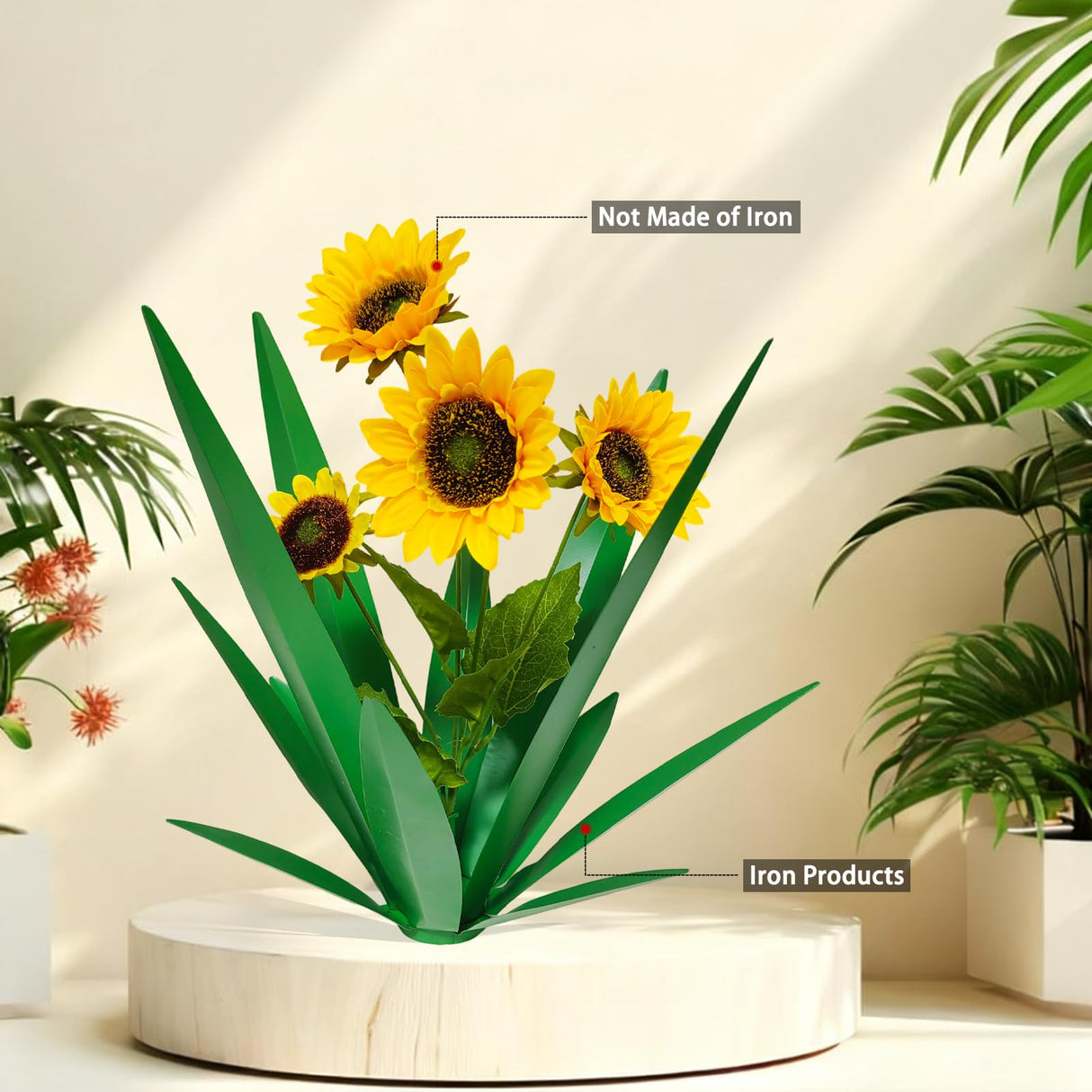 DDQ 2PC Metal Agave Plant Outdoor Decor with Artificial Flowers, 2 Pack Tequila Rustic Sculpture, Waterproof Yard Art for Patio Lawn, Multiple Flower Options (Green Agave + Sunflower)
