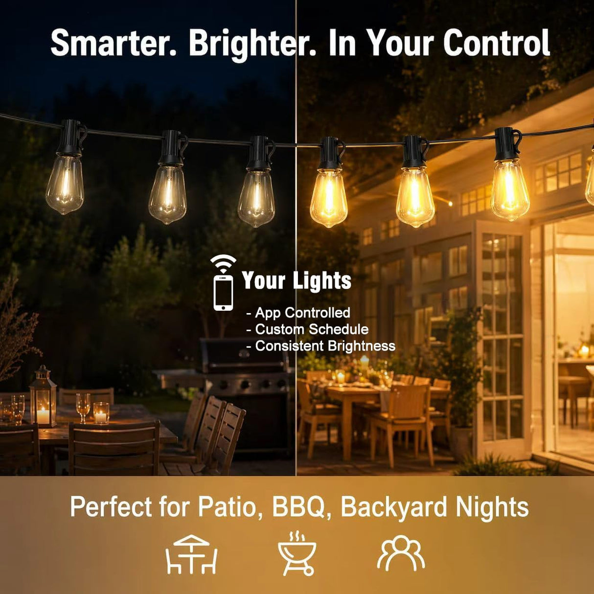 Skoiuc 50ft-LED-Lights-Outdoor-Waterproof-String Lights-Patio-Outside-Porch-Backyard-Garden-Gazebo-Yard-Deck-Balcony-Party-Camping-House-Hanging-Lighting-Bulb-Remote-Bluetooth-Hanging-Edison-ST38