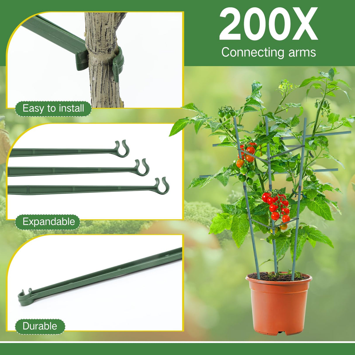 Geelin 200 Pcs Plant Stake Arms for Tomato Cage, 11.8" Expandable Trellis Connectors, 11mm Bayonet Diameter Plant Stakes for Climbing Plants, Tomatoes Stakes, Vegetables