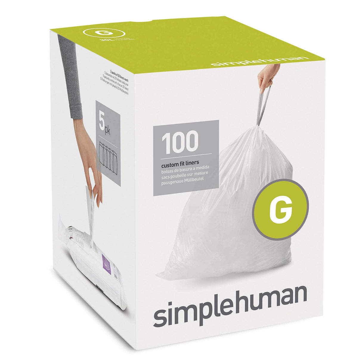 simplehuman Code G Custom Fit Drawstring Trash Bags in Dispenser Packs, 100 Count, 30 Liter / 8 Gallon, White