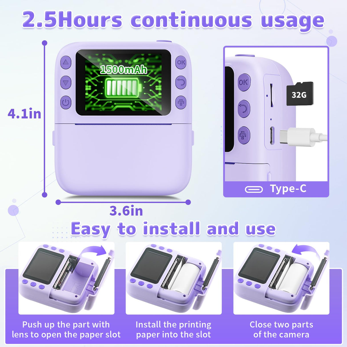 Instant Print Camera for Kids, Christmas Birthday Gifts for Girls Boys, 1080P Instant Digital Print Cameras for Toddler,Portable Toy for 4 5 6 7 8 9 10 Year Old Girl with 32GB SD Card,Purple